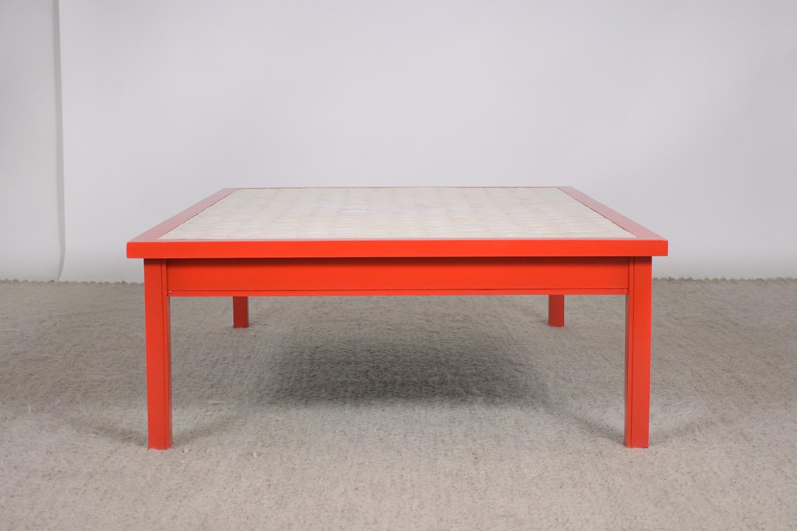 Vibrant Red Mid-Century Modern Coffee Table with Mother-of-Pearl Veneer For Sale 3