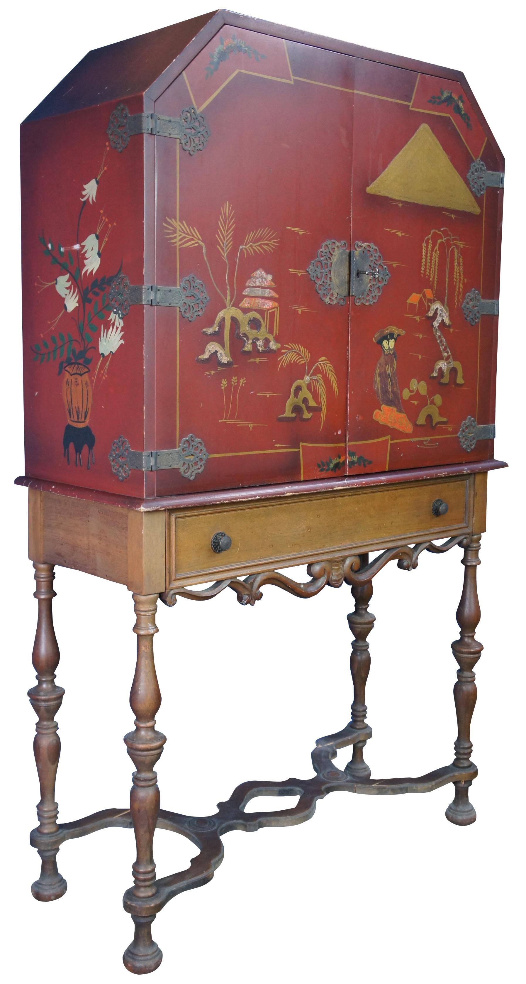 Mid century red lacquered William & Mary style chinoiserie cabinet, dry bar, or stand featuring Asian themed japanned landscape scene with jardinaires, flowers, pagodas and Geishas. Includes one drawer with locking cabinet that opens to green