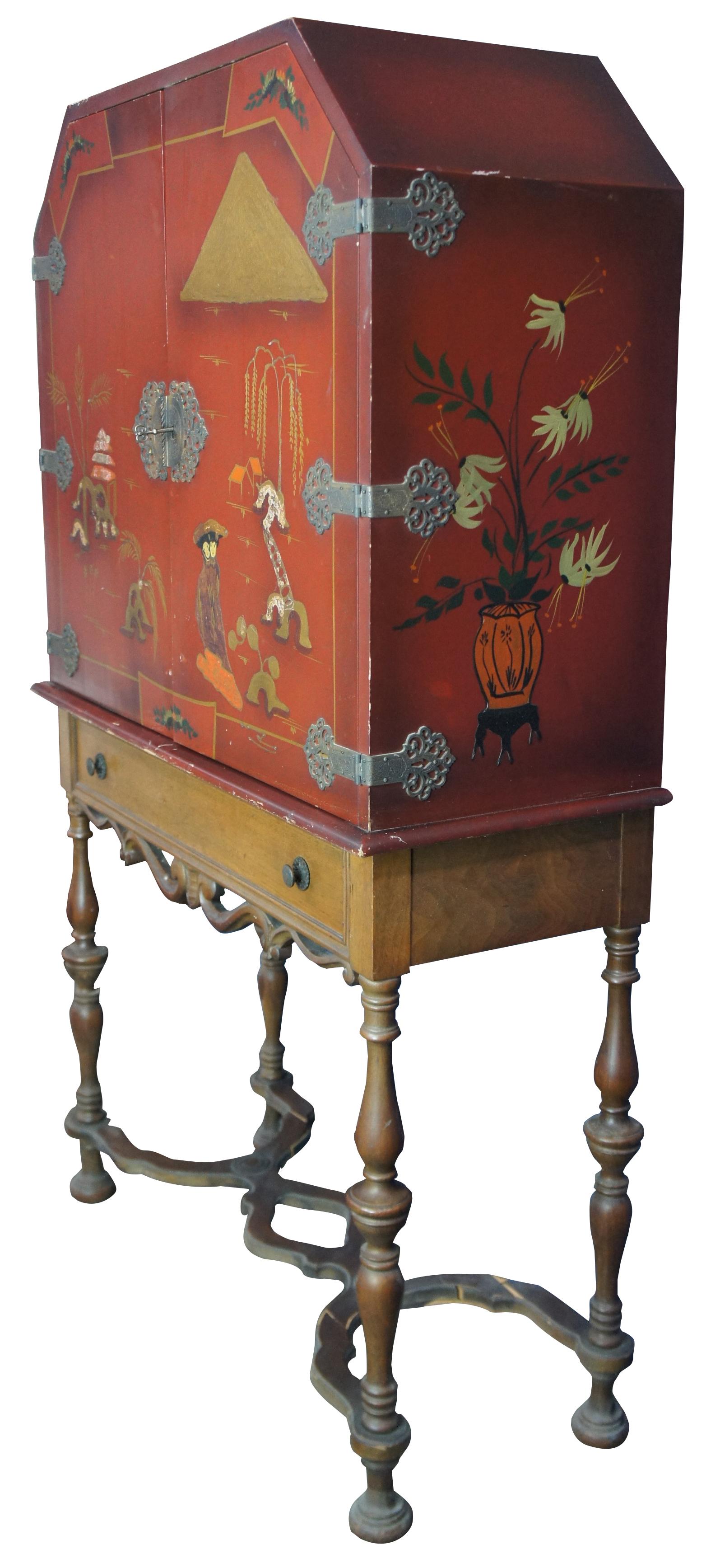 Mid Century Red Lacquered Oriental Chinese Chinoiserie Linen Cabinet Dry Bar In Good Condition In Dayton, OH