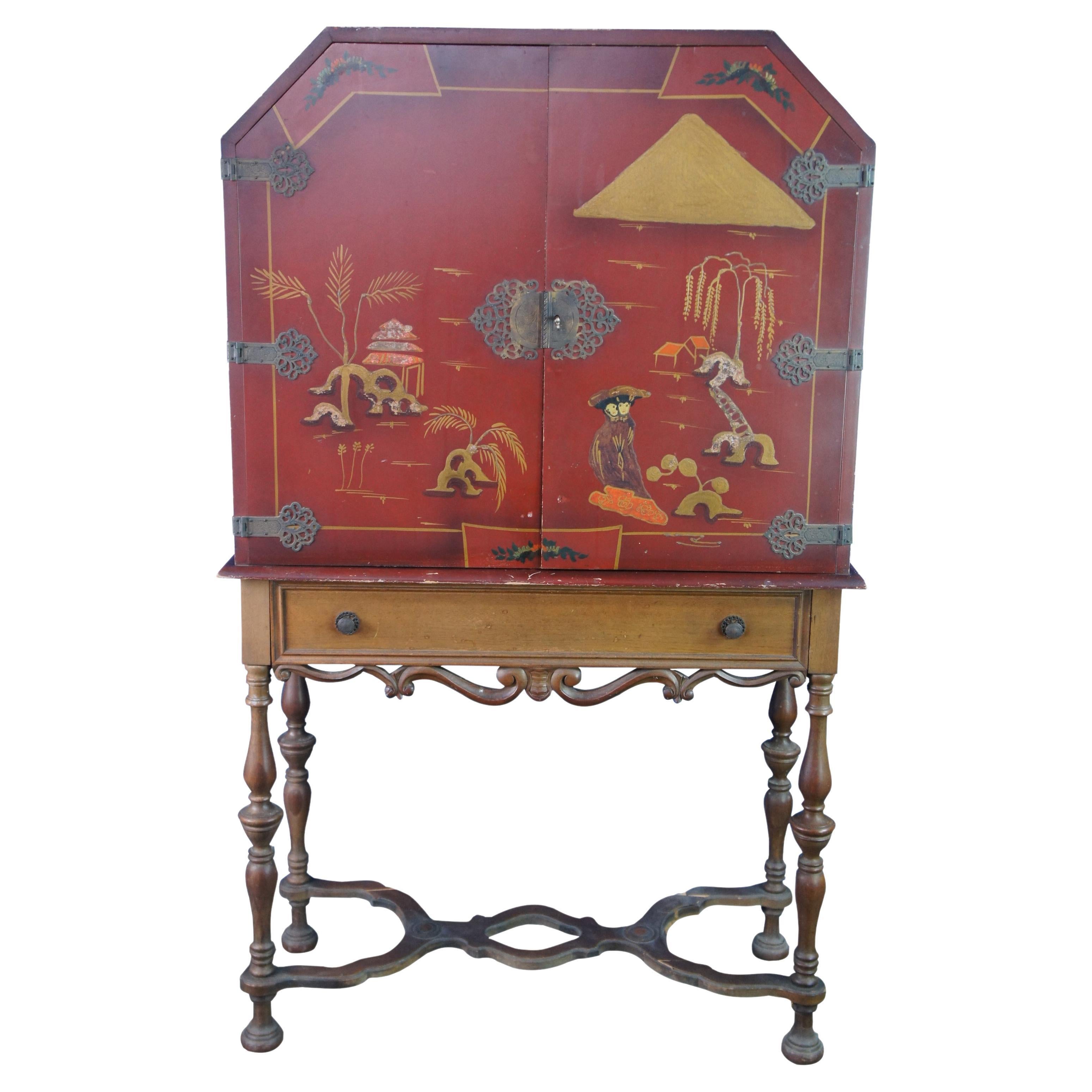 Mid Century Red Lacquered Oriental Chinese Chinoiserie Linen Cabinet Dry Bar