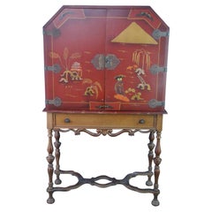 Used Mid Century Red Lacquered Oriental Chinese Chinoiserie Linen Cabinet Dry Bar