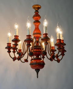 Mid-Century Red Lacquered Wood 12 Lights Chandelier