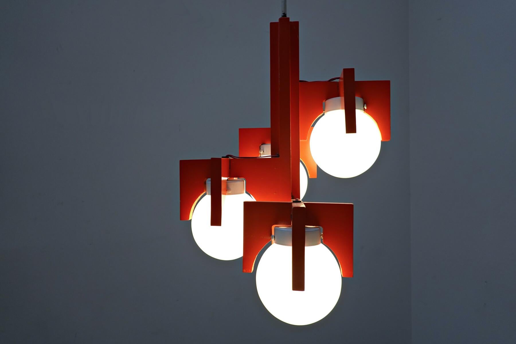 Italian Mid-Century Red Lacquered Wood and Opaline Suspension, Italy 1970s For Sale