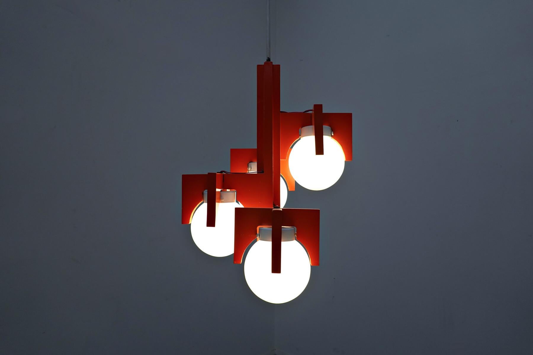 Mid-Century Red Lacquered Wood and Opaline Suspension, Italy 1970s For Sale 4