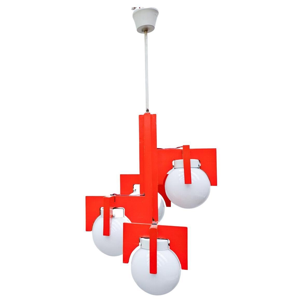 Mid-Century Red Lacquered Wood and Opaline Suspension, Italy 1970s For Sale