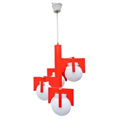 Mid-Century Red Lacquered Wood and Opaline Suspension, Italy 1970s