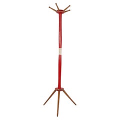 Vintage Mid Century Red Lacquered Wooden Coat Stand, Natural Wood Tripod Base and Hooks