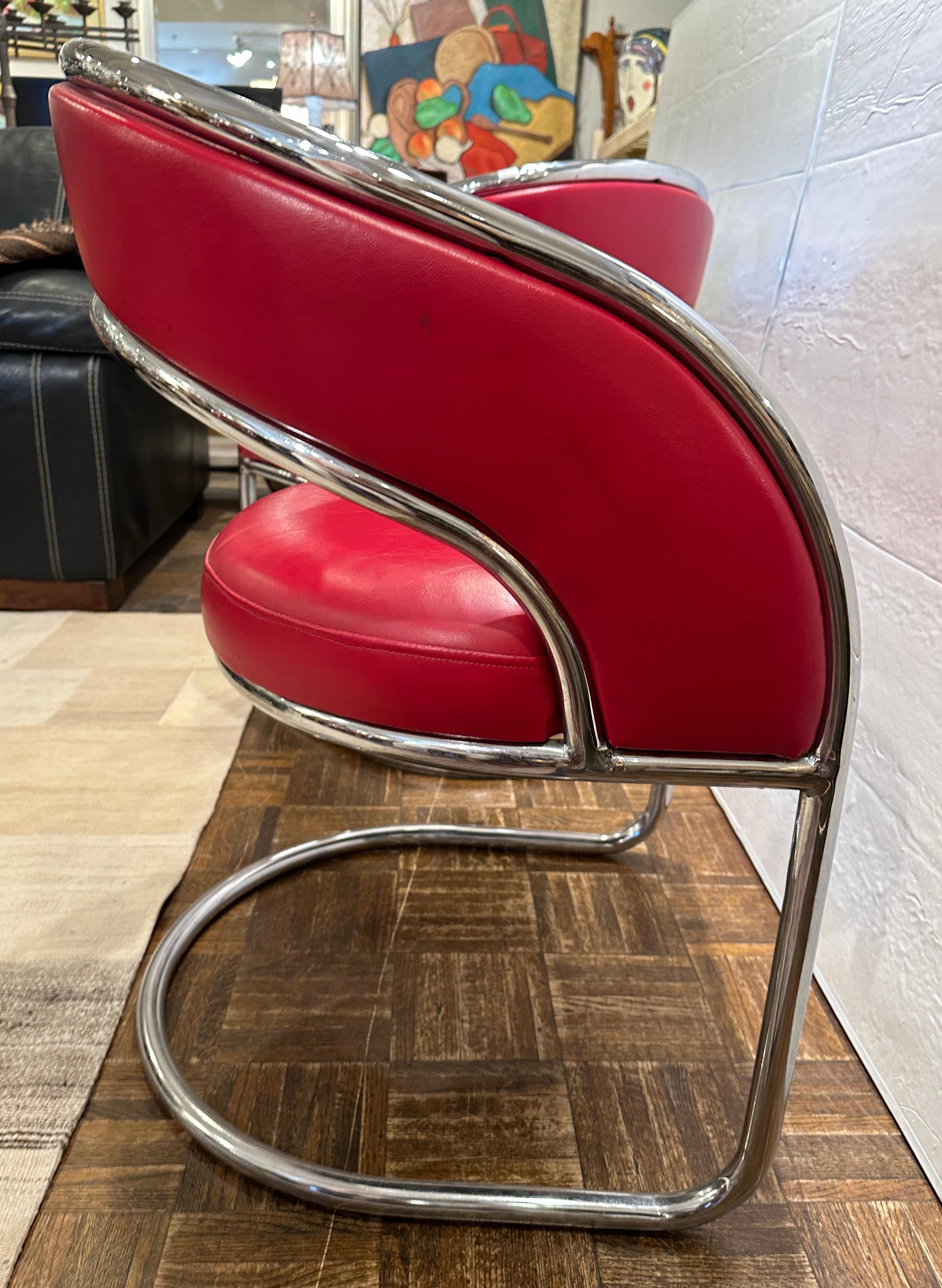 Italian Mid Century Red Leather and Chrome Chairs, Pair For Sale