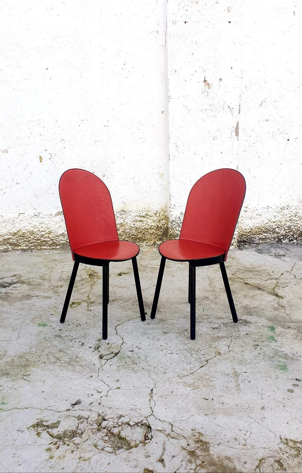 Mid Century Red Leather Dining Chairs, Zanotta, Italy 80s, Pair For Sale 5