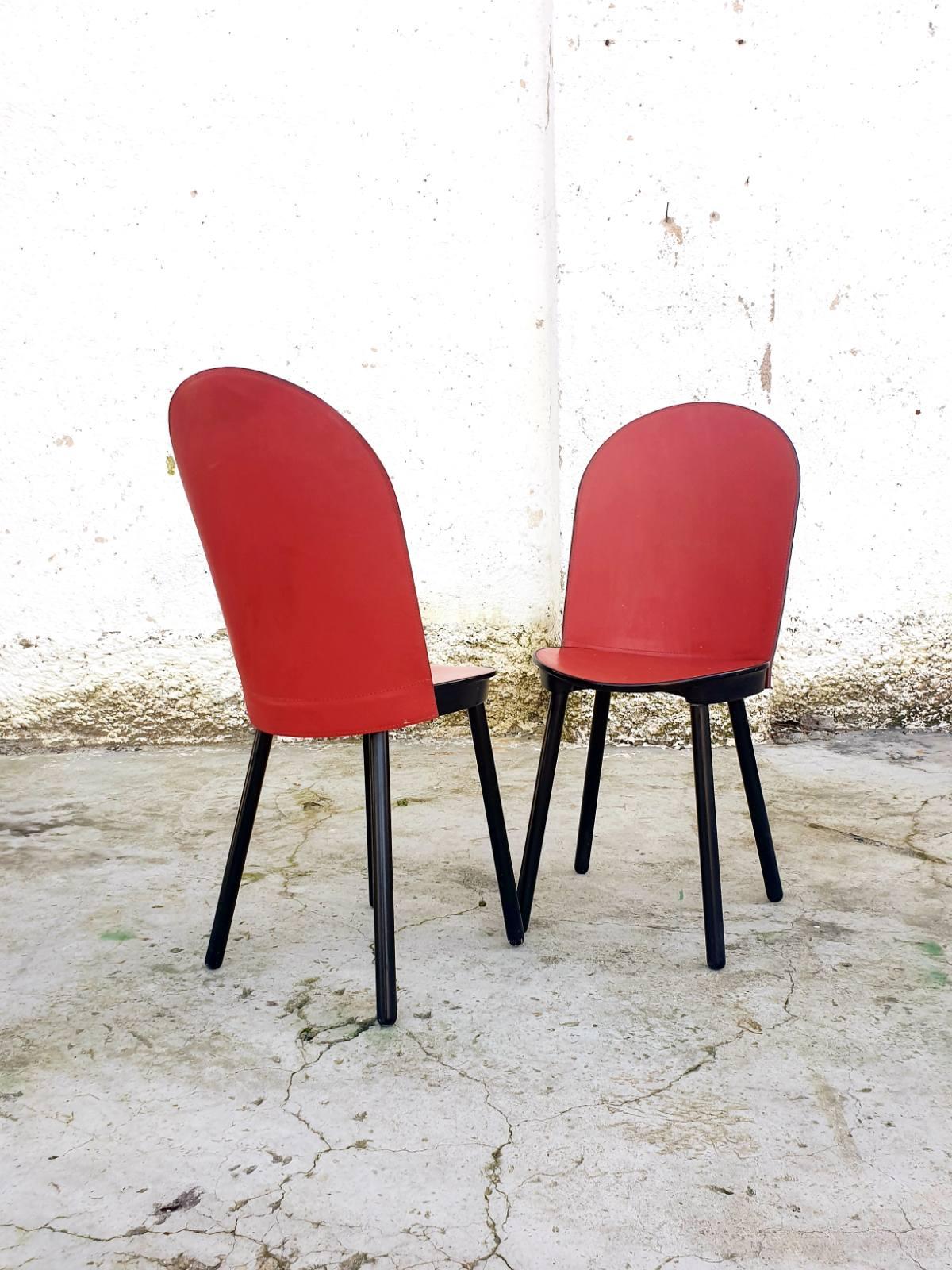 Mid Century Red Leather Dining Chairs, Zanotta, Italy 80s, Pair In Good Condition For Sale In Lucija, SI