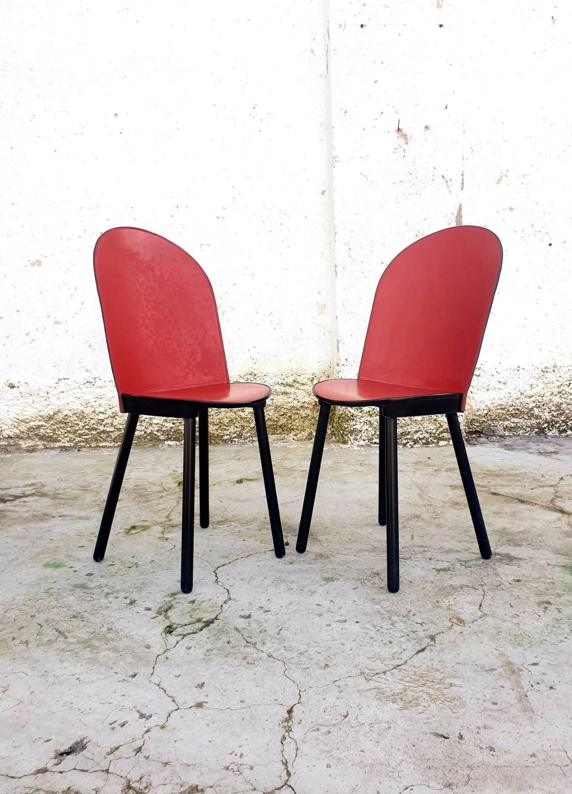 Mid Century Red Leather Dining Chairs, Zanotta, Italy 80s, Pair For Sale 2