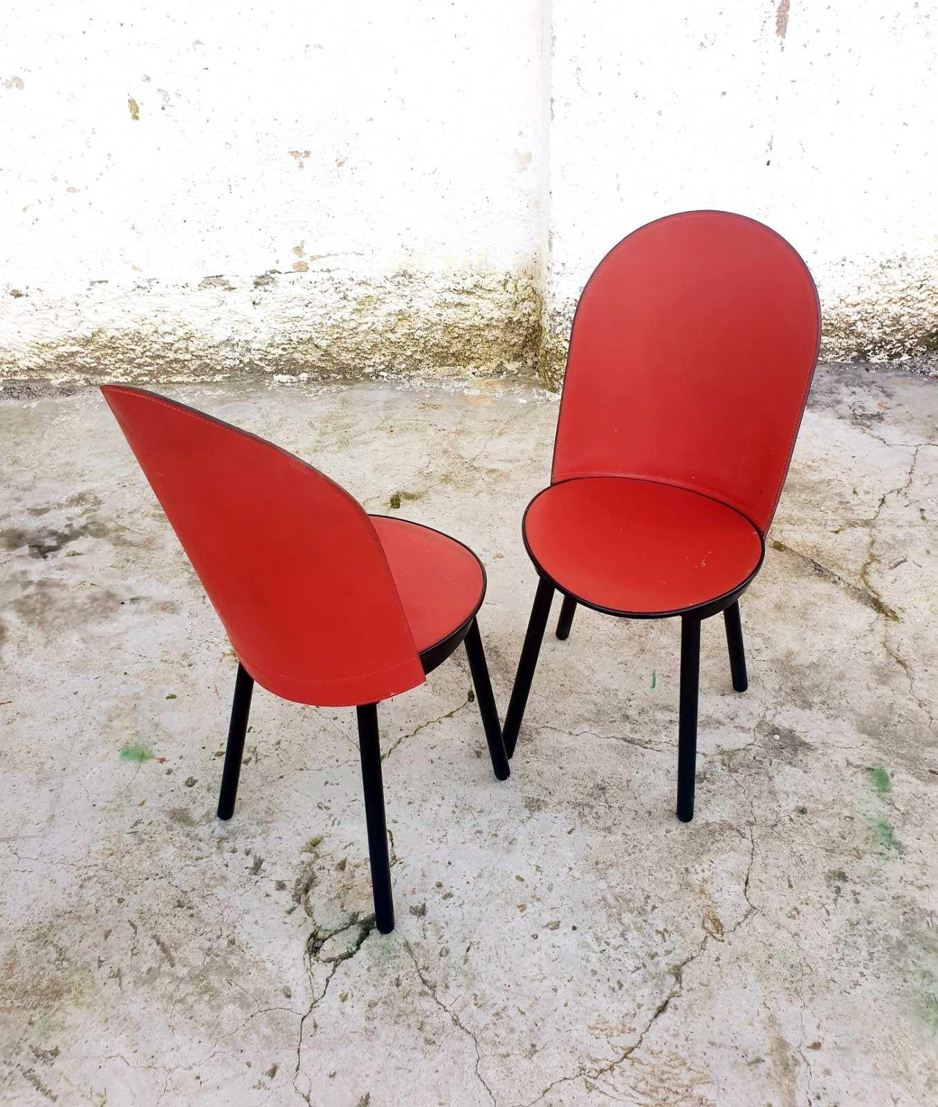 Mid Century Red Leather Dining Chairs, Zanotta, Italy 80s, Pair For Sale 3