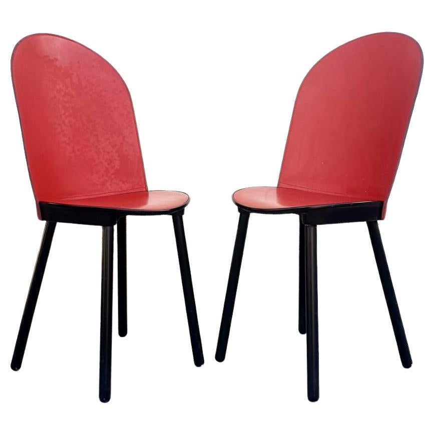 Mid Century Red Leather Dining Chairs, Zanotta, Italy 80s, Pair For Sale
