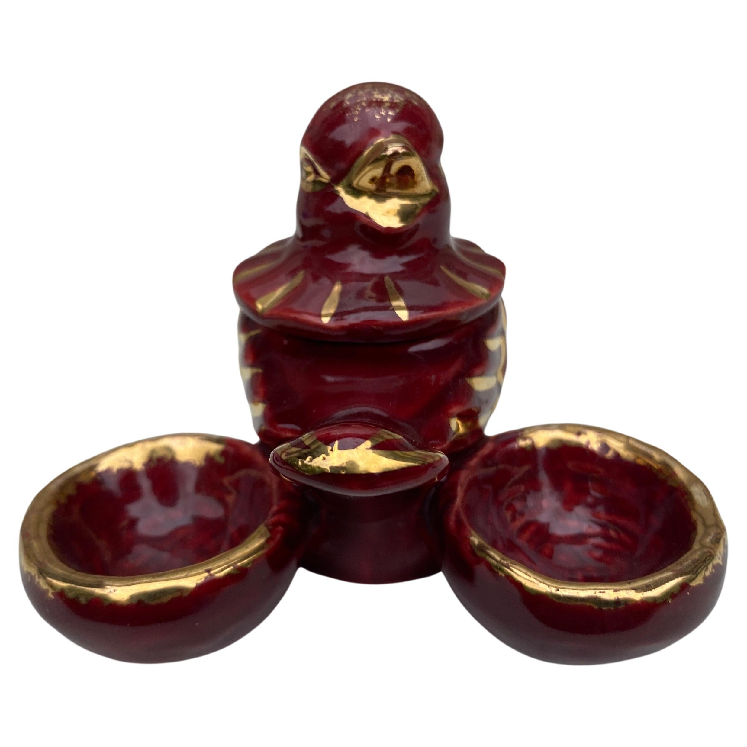 Mid-Century Red Majolica Bird Salt Cellars Vallauris