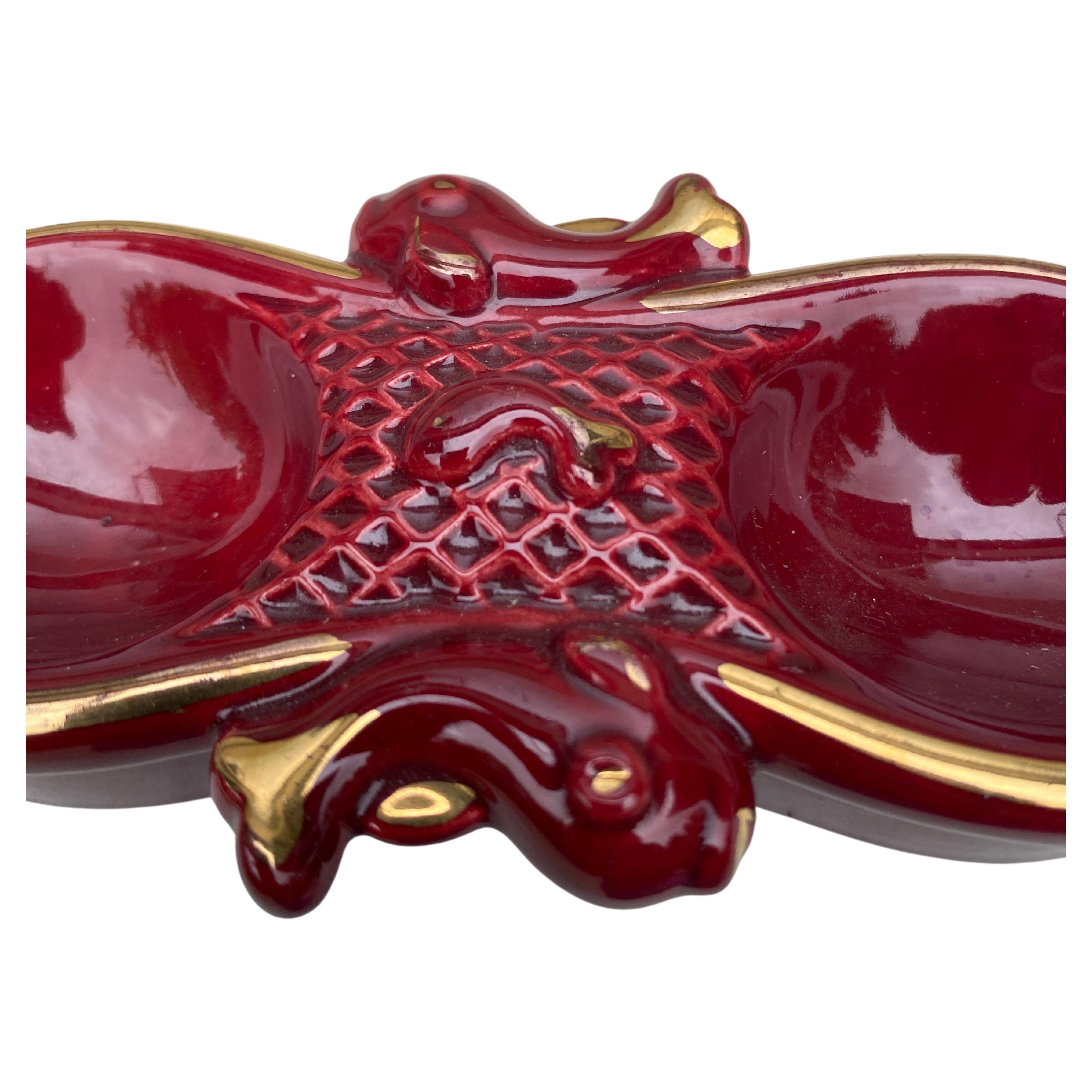 French Mid-Century Red Majolica Fish Salt Cellar Vallauris For Sale