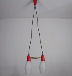 Mid-Century Red Metal and Opal Glass Ceiling Lamp, Italy, 1960s
