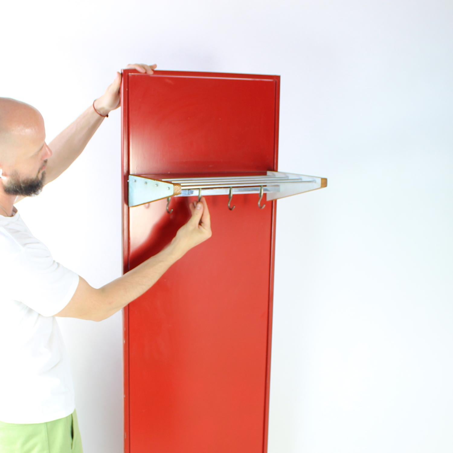 Industrial Mid Century Red Metal Hallway Hanger Wall, Czechoslovakia 1950s For Sale