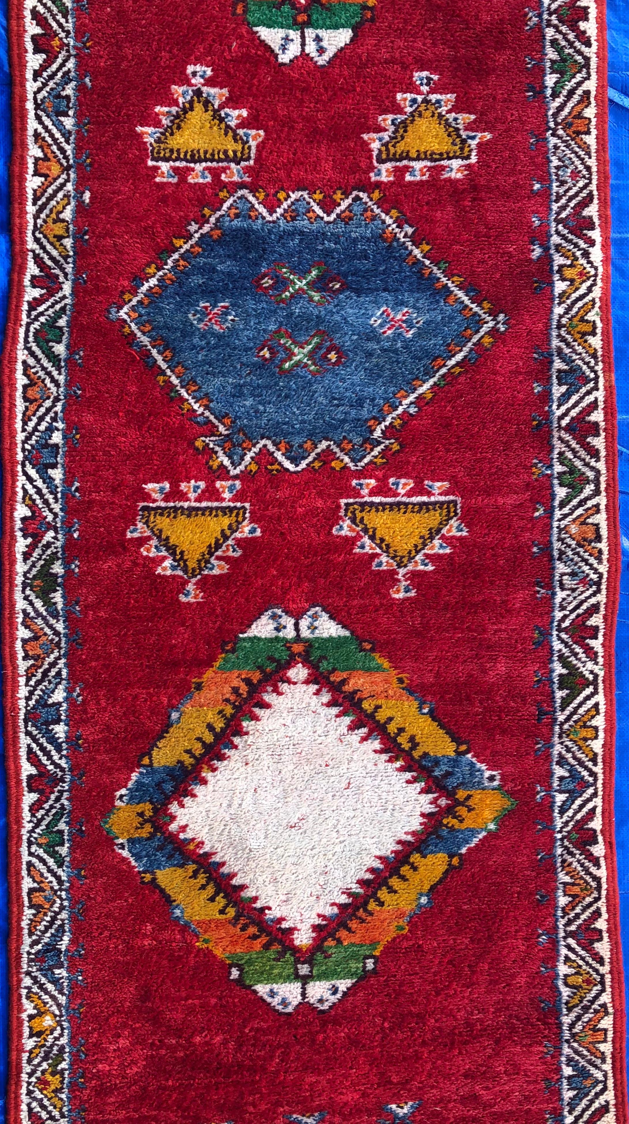 Vintage Moroccan Tribal Rug or Runner Vibrant Red and Accentuating Blue & White For Sale 3