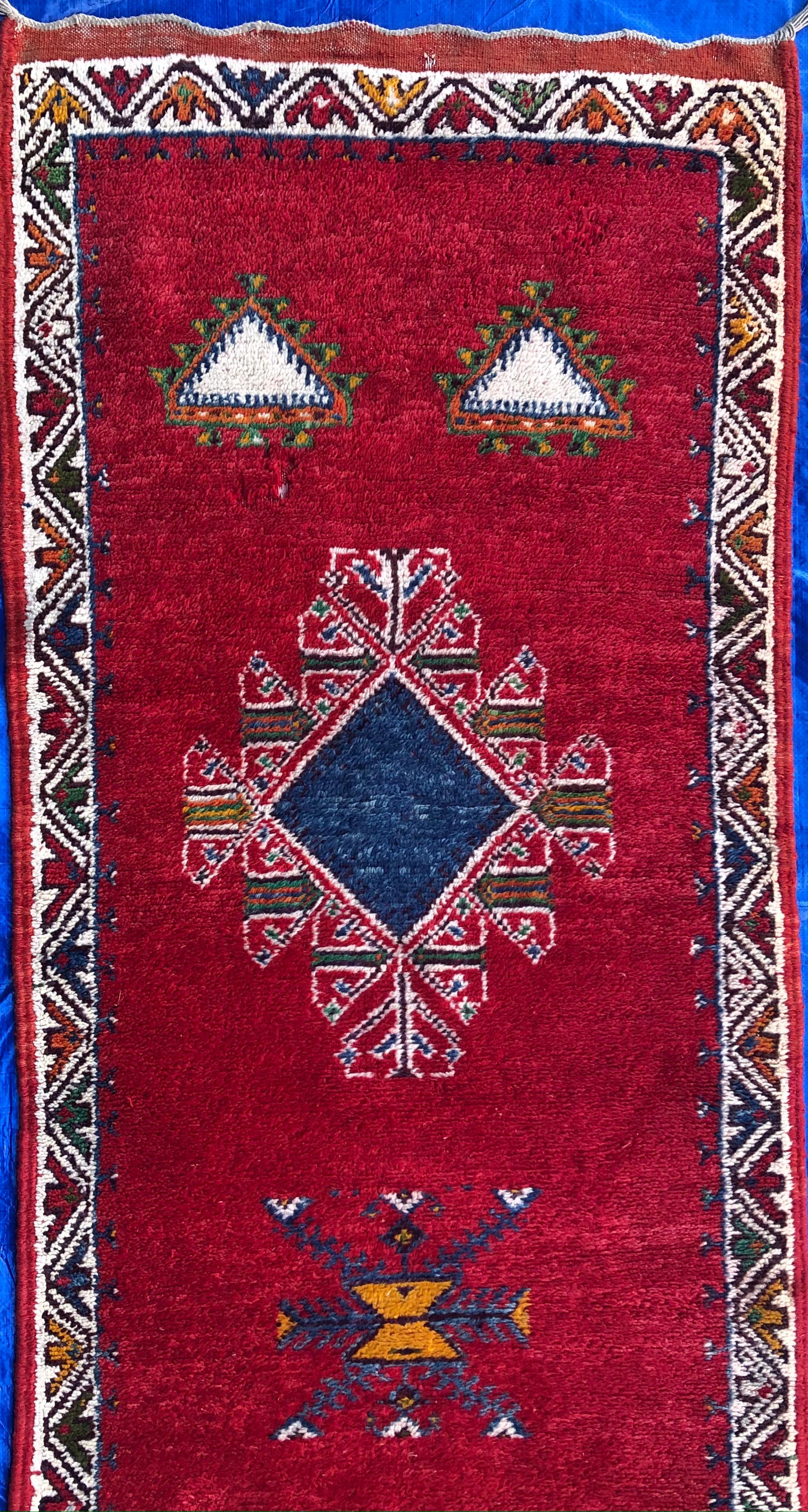 Vintage Moroccan Tribal Rug or Runner Vibrant Red and Accentuating Blue & White In Good Condition For Sale In Miami, FL