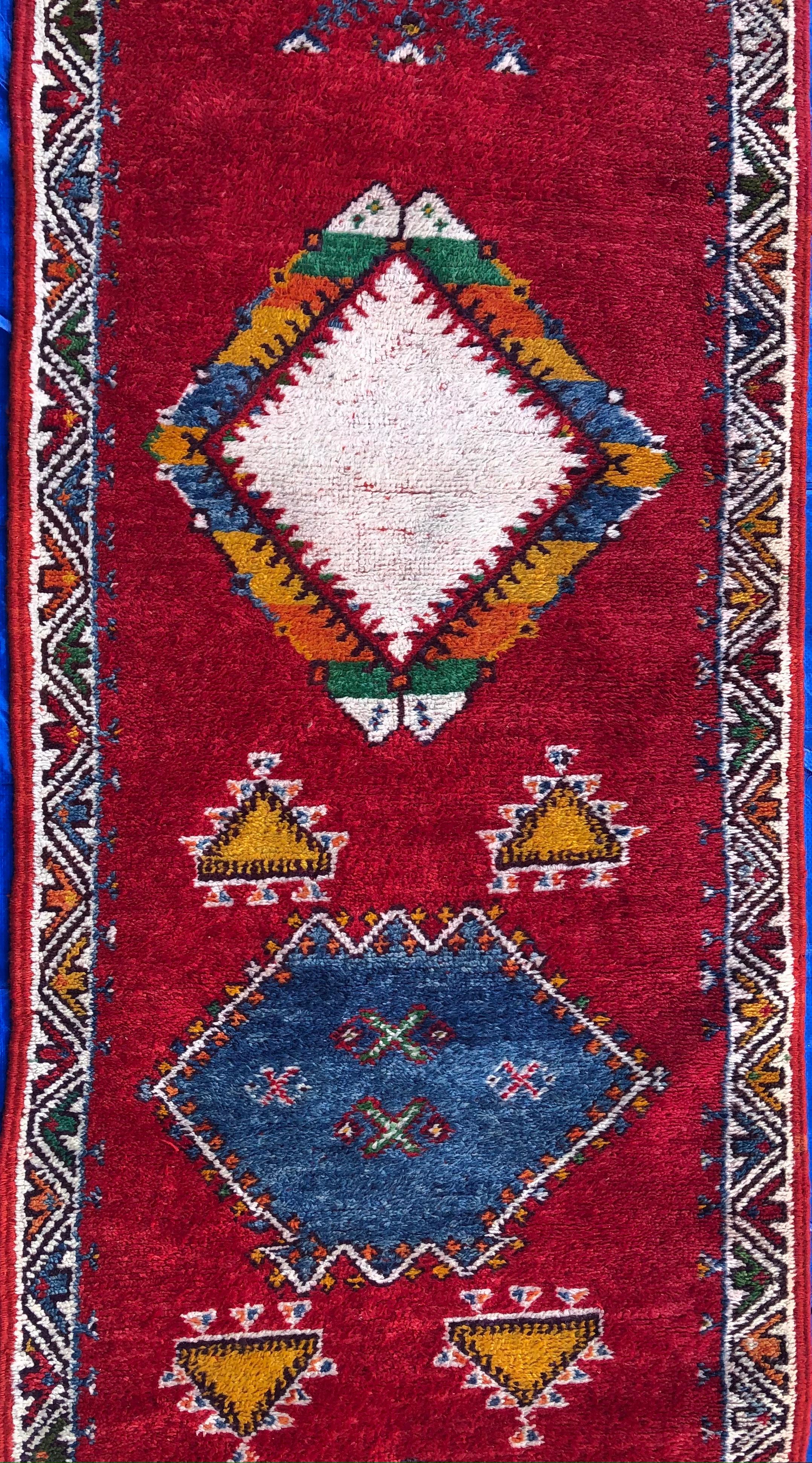 20th Century Vintage Moroccan Tribal Rug or Runner Vibrant Red and Accentuating Blue & White For Sale