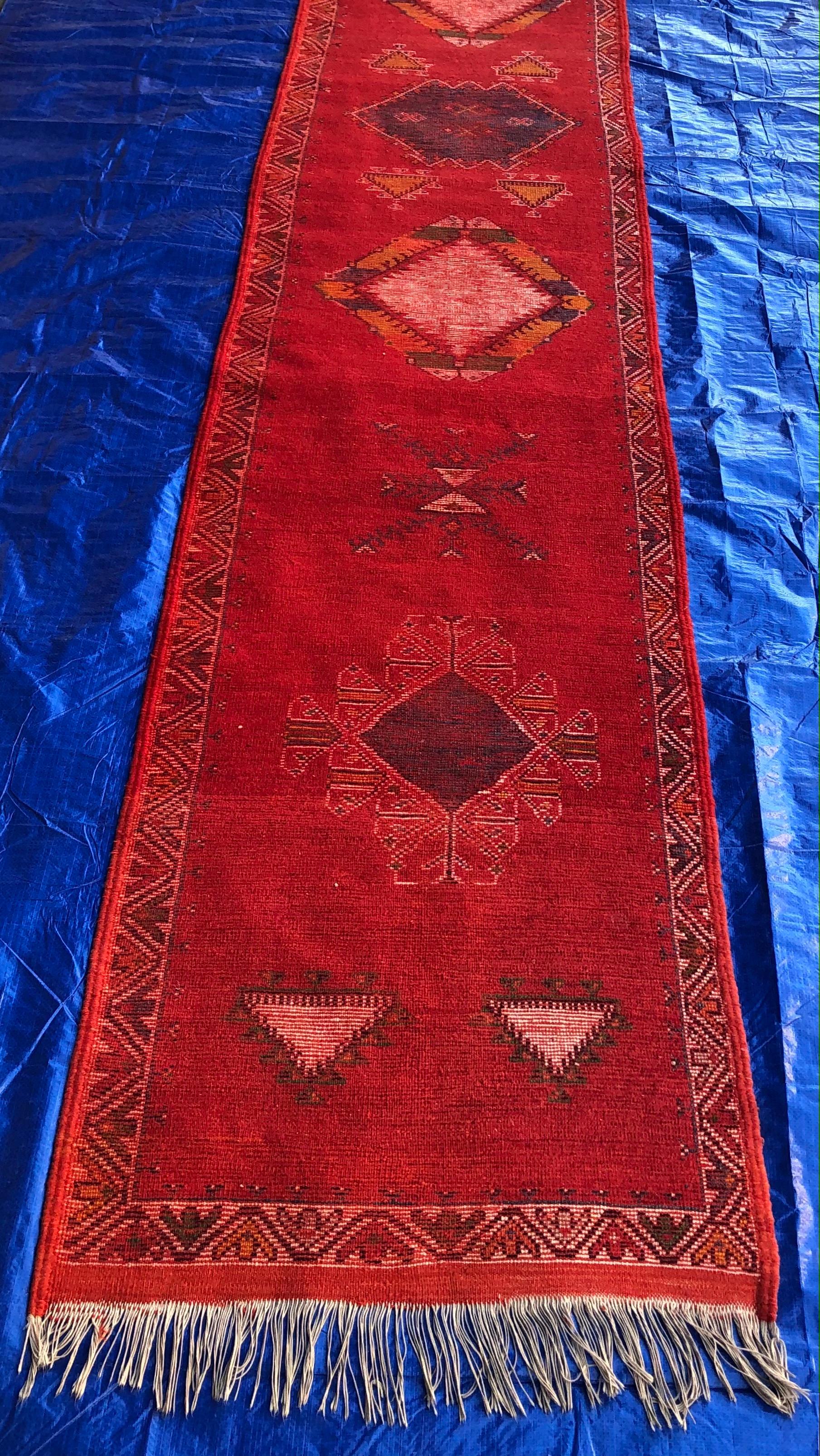 Wool Vintage Moroccan Tribal Rug or Runner Vibrant Red and Accentuating Blue & White For Sale