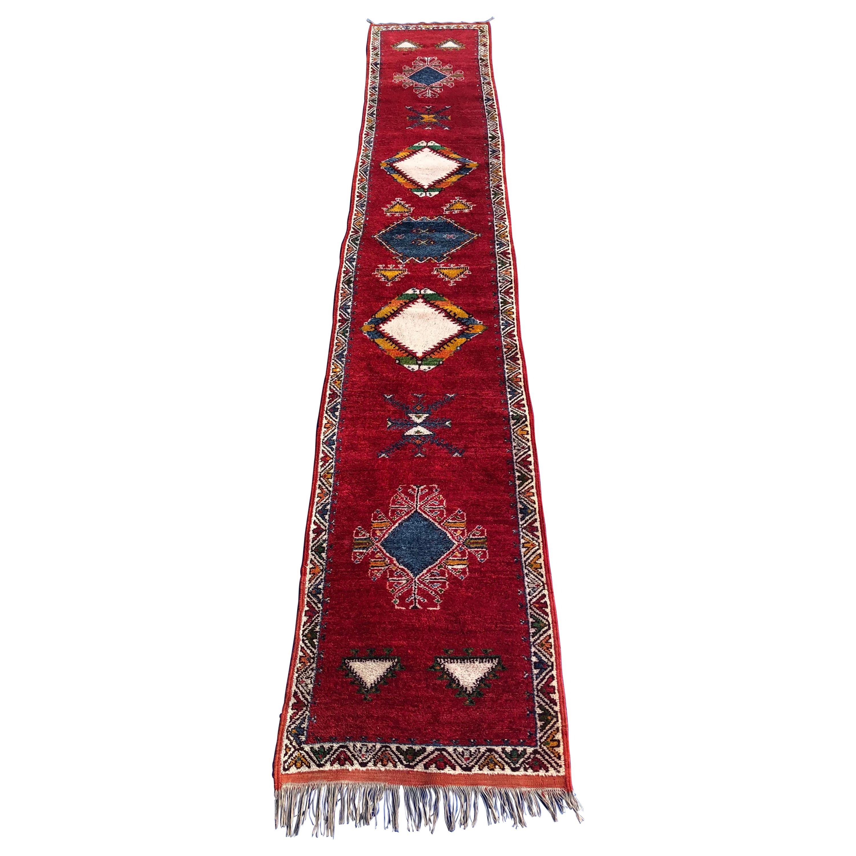 Vintage Moroccan Tribal Rug or Runner Vibrant Red and Accentuating Blue & White For Sale