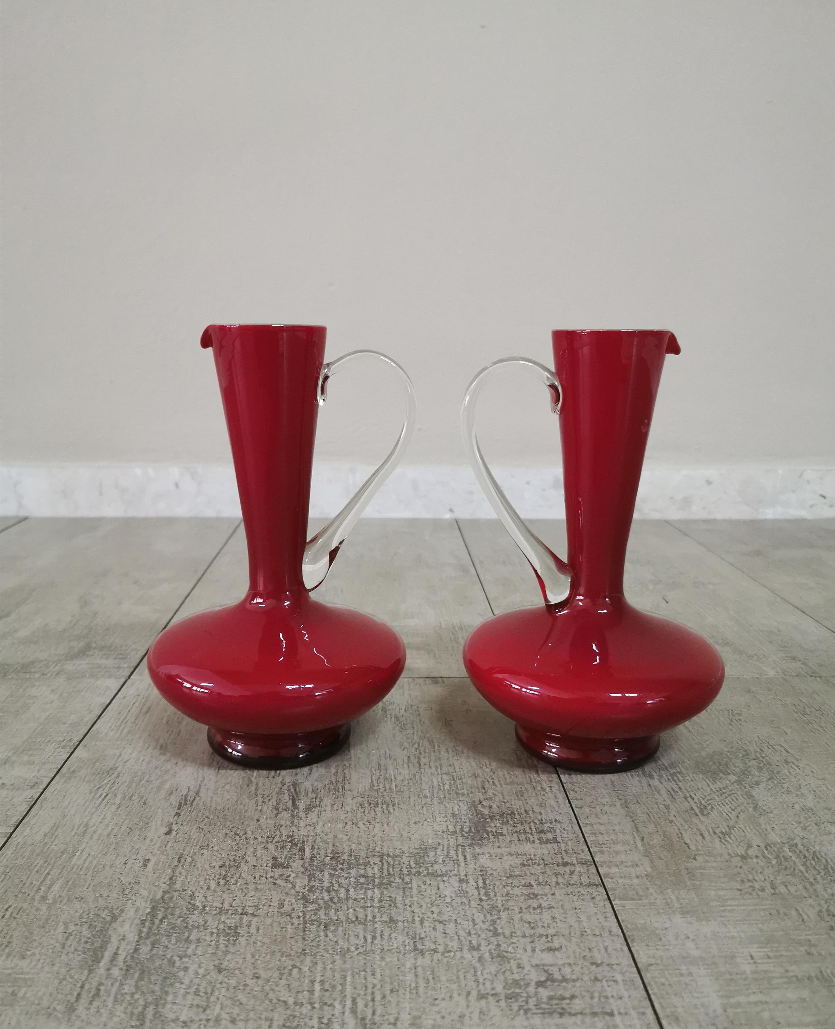 Mid-20th Century Mid Century Murano Glass Red Vases Italian Design 1960s Set of 2