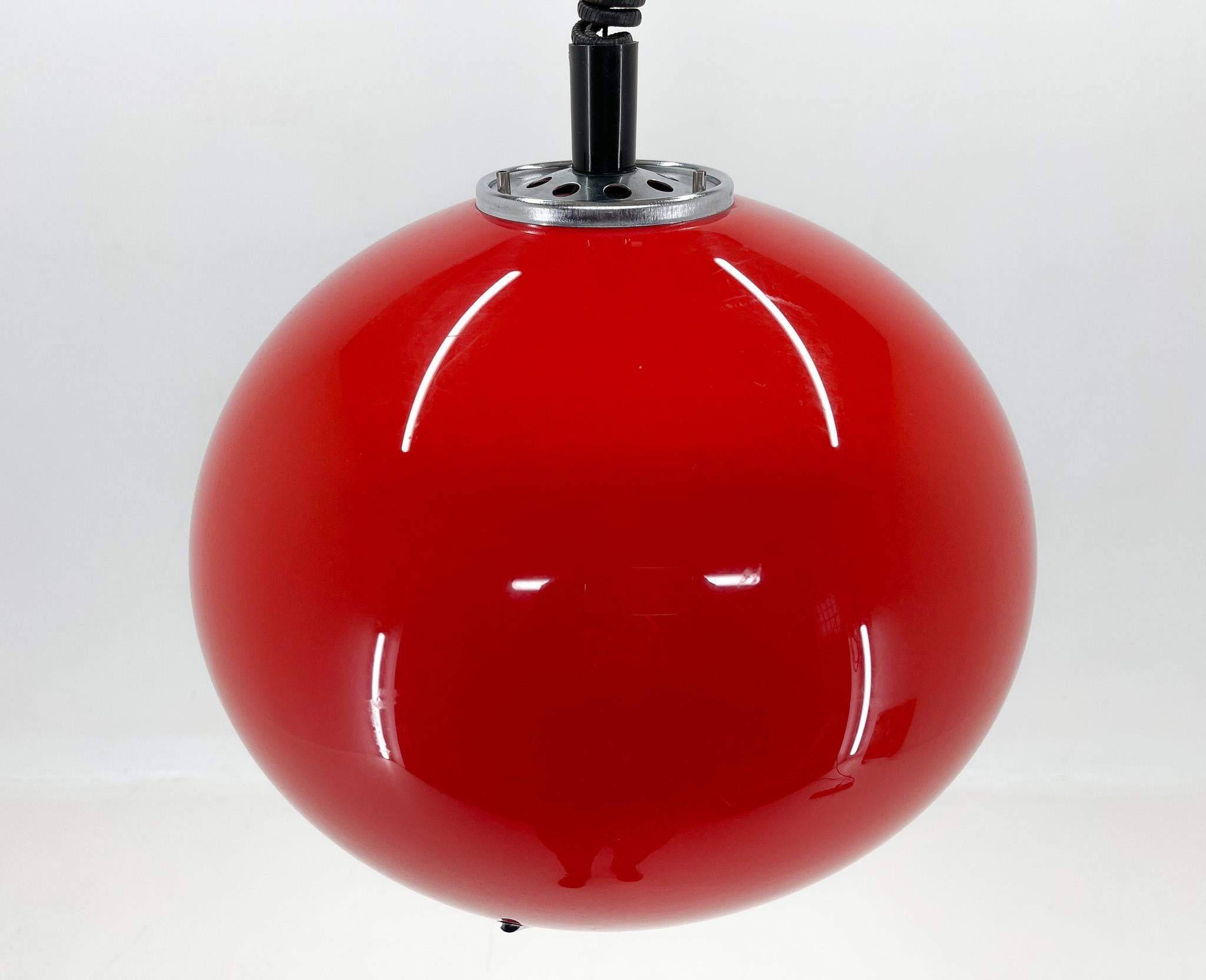 Midcentury Red Pendant with Chrome by Harvey Guzzini for Meblo, Italy For Sale 3