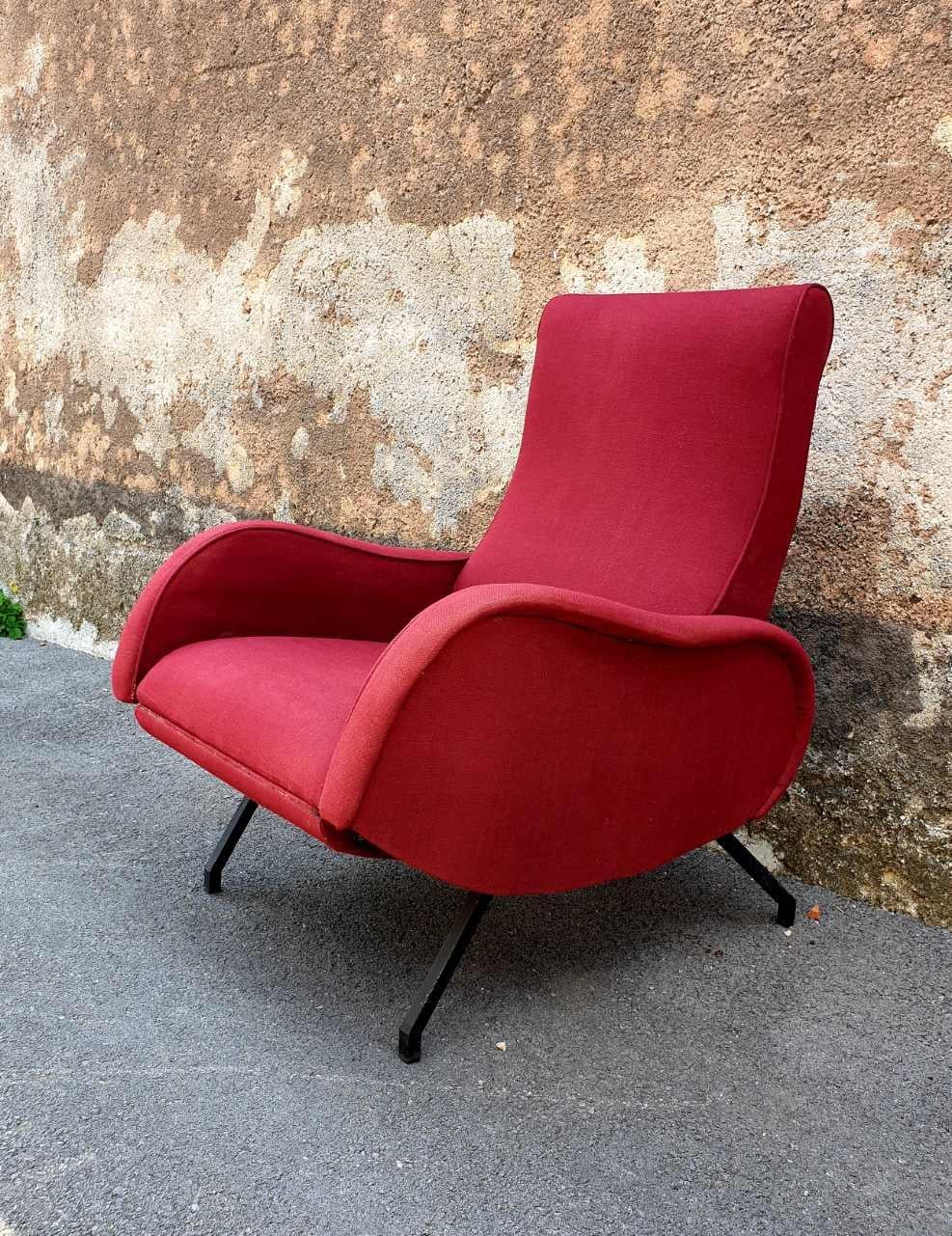 Metal Midcentury Red Reclining Armchair, Marco Zanuso Style, Studio Pizzoli Italy 60s For Sale