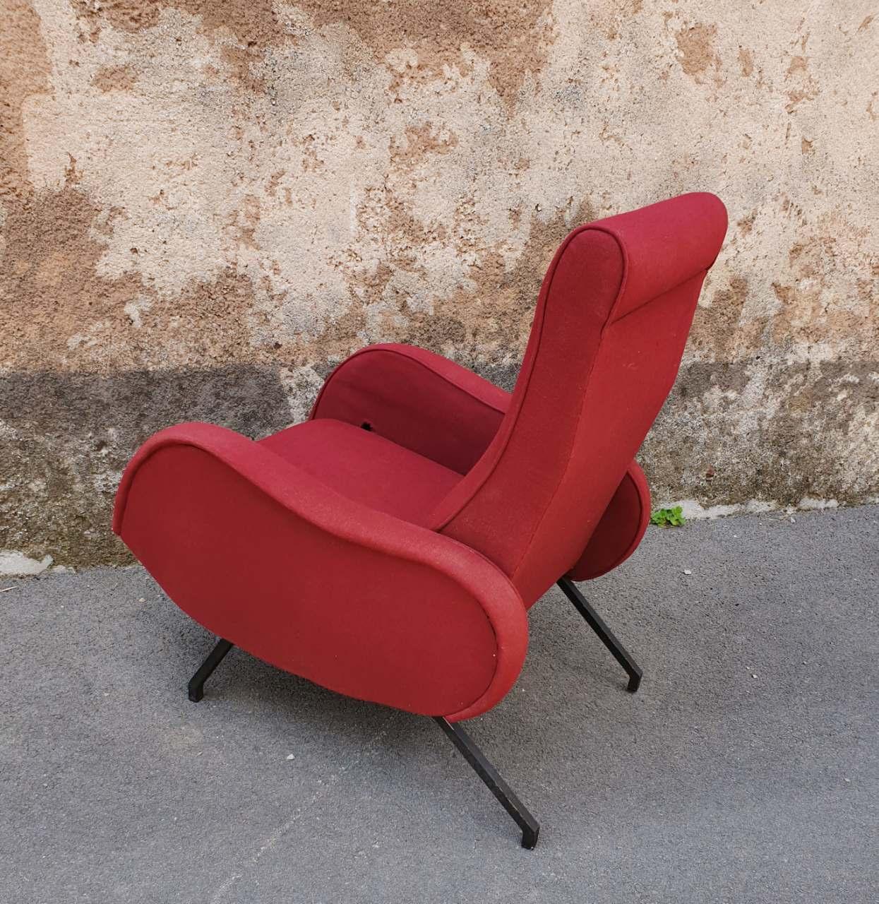 Mid-Century Modern Midcentury Red Reclining Armchair, Marco Zanuso Style, Studio Pizzoli Italy 60s For Sale