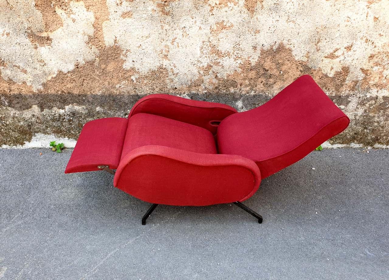 Italian Midcentury Red Reclining Armchair, Marco Zanuso Style, Studio Pizzoli Italy 60s For Sale