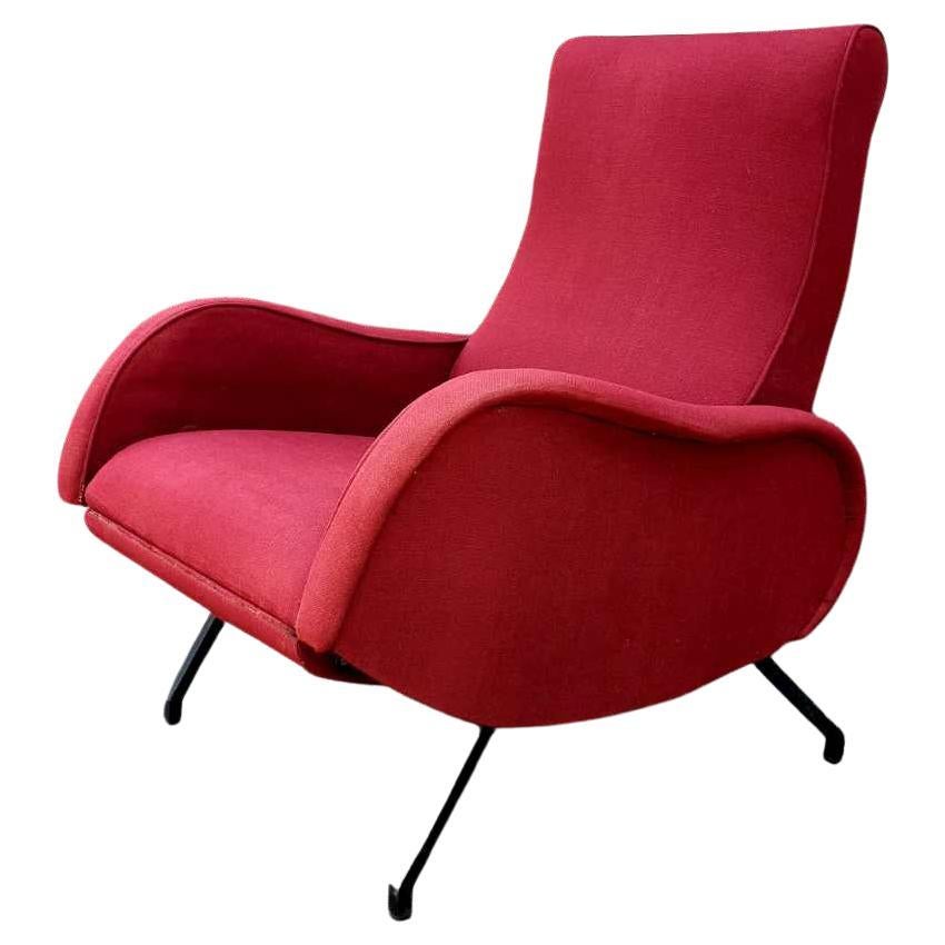 Midcentury Red Reclining Armchair, Marco Zanuso Style, Studio Pizzoli Italy 60s For Sale