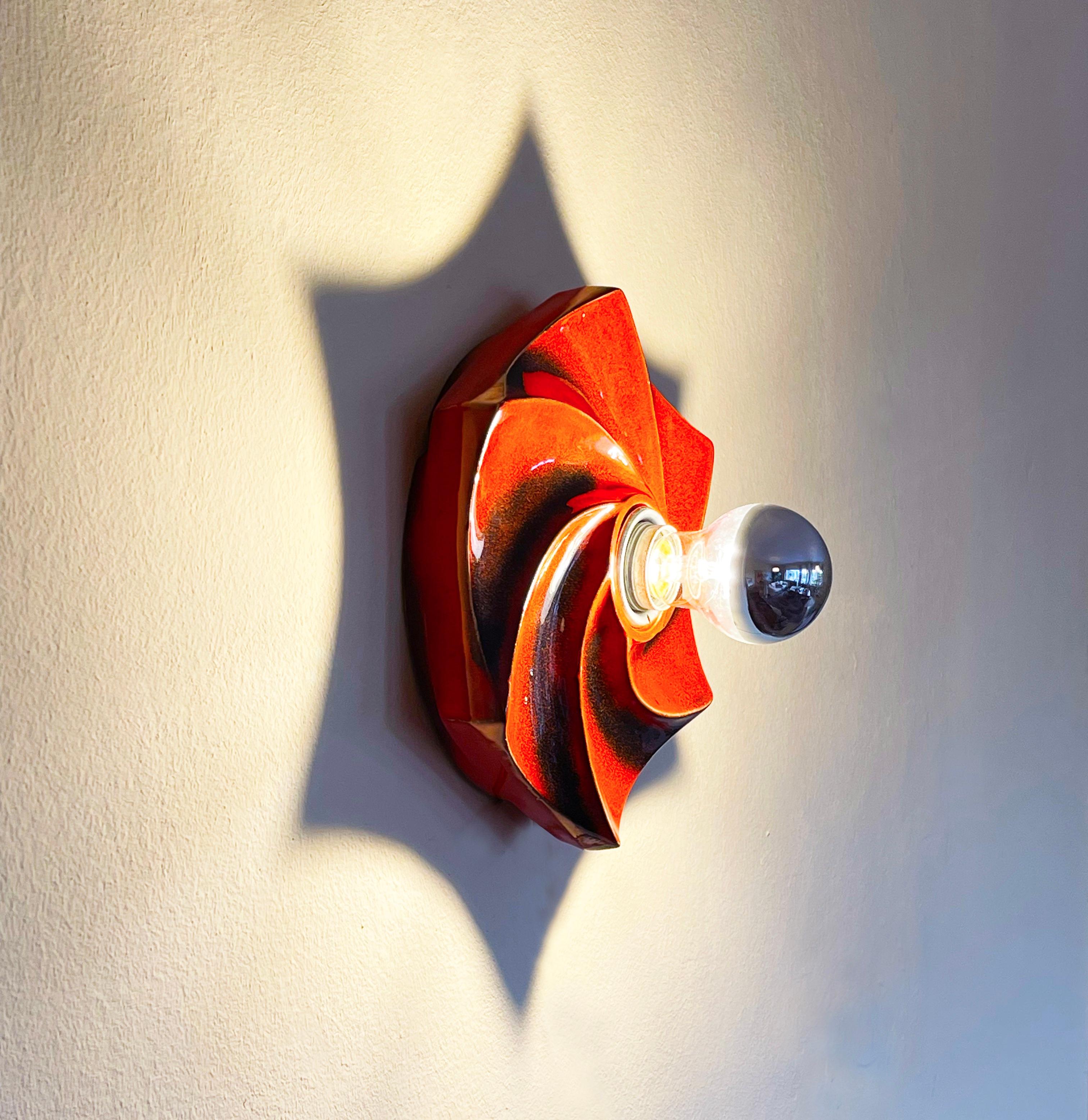 Mid-Century Modern Mid Century Red Swirl Ceramic Sconce or Ceiling Lamp Fat Lava, 1960s, Germany For Sale