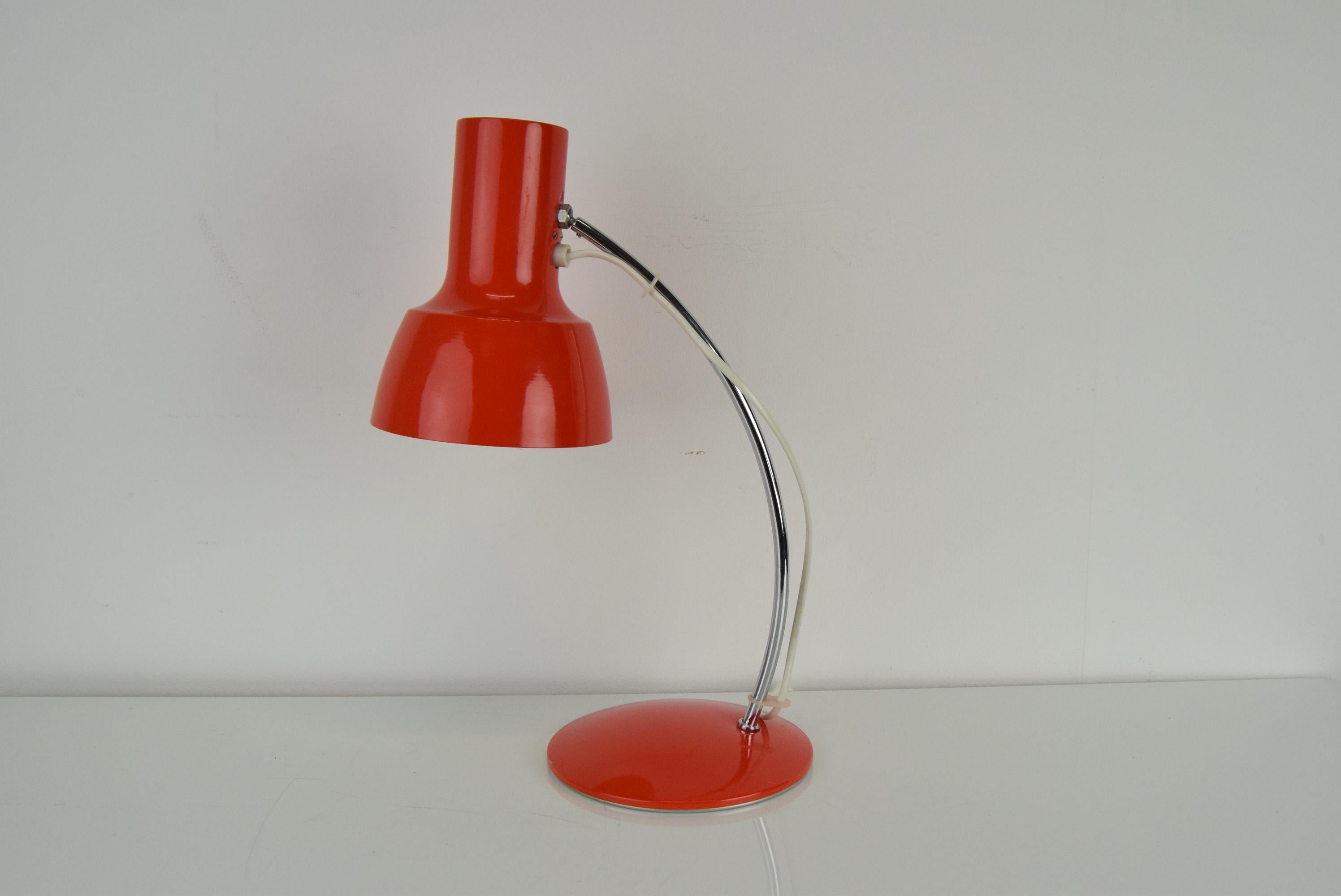 Made in Czechoslovakia 
Made of Lacquered Metal,Chrome
Adjustable shade
With aged patina
Re-polished
1xE27 or E26 bulb
US adapter included
Good Original condition.