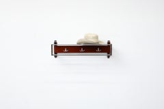 Mid-Century Red Toned Wood and Chrome Wall Mount Coat Rack with Hat Shelf