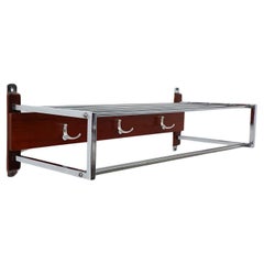 Mid-Century Red Toned Wood and Chrome Wall Mount Coat Rack with Hat Shelf