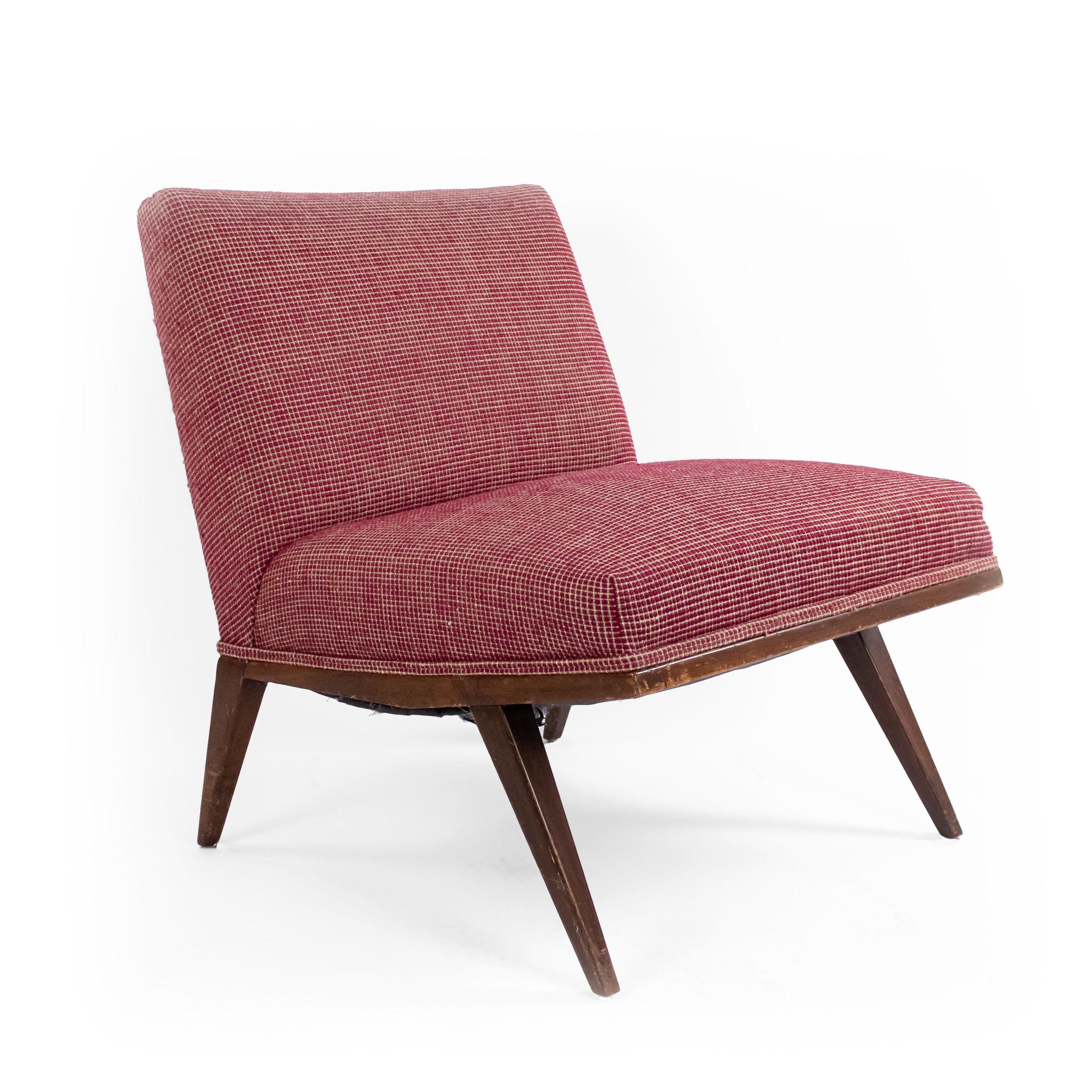 Pair of Mid-Century slipper chairs with red and beige geometrically patterned upholstery and tapered walnut legs