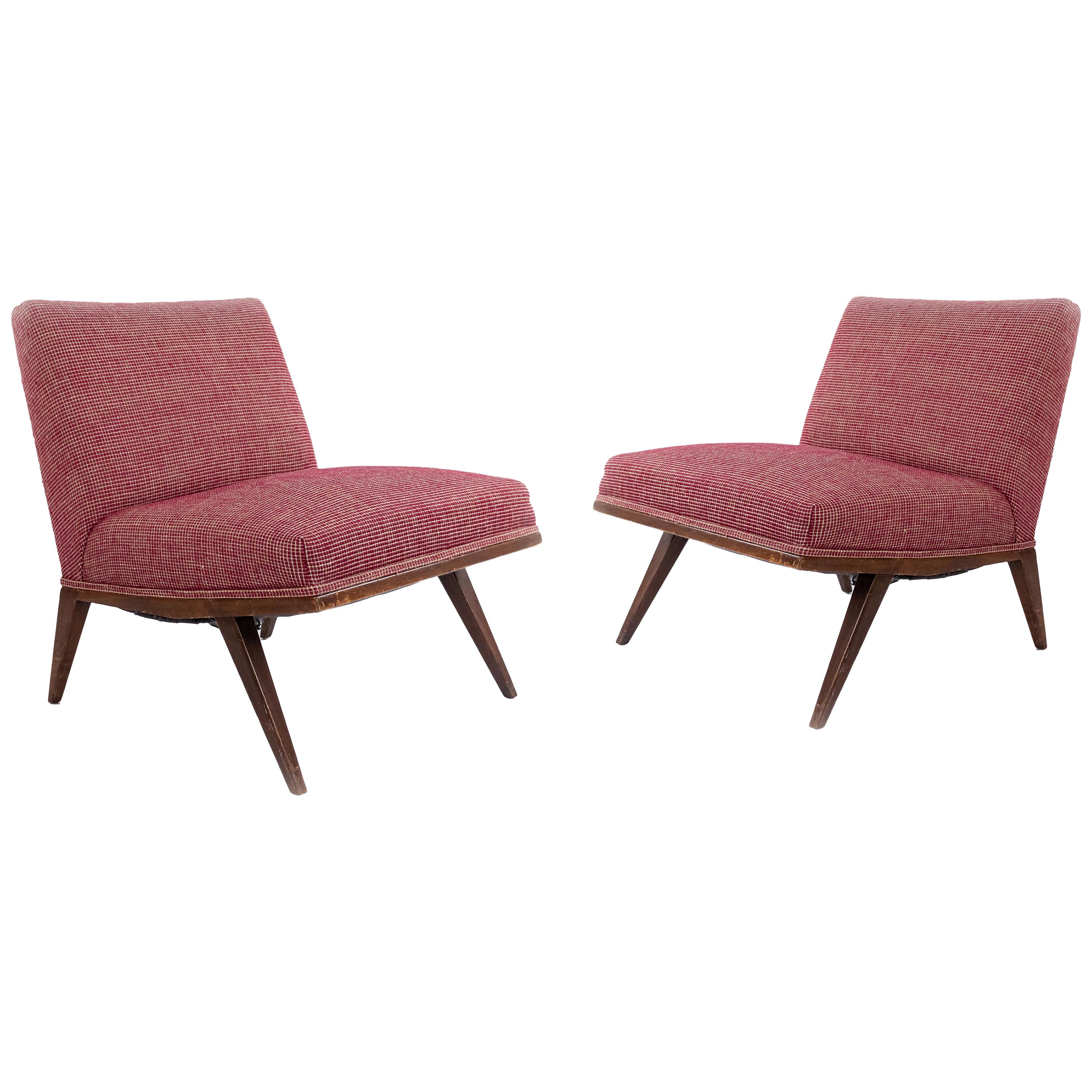 Mid-Century Red Upholstered Slipper Chairs