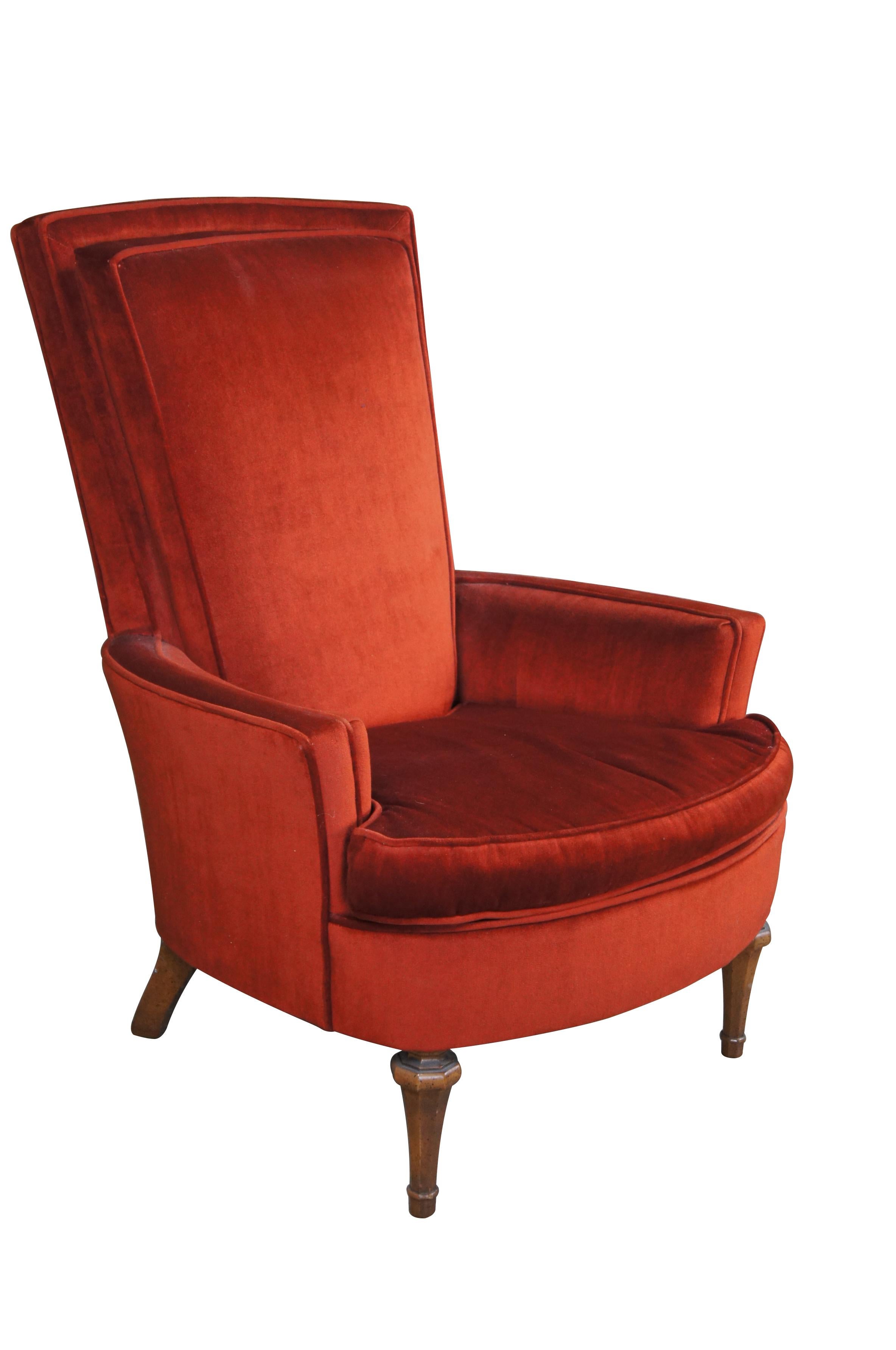 Mid-Century Modern Mid Century Red Velvet & Walnut Highback Library Club Lounge Arm Chair For Sale