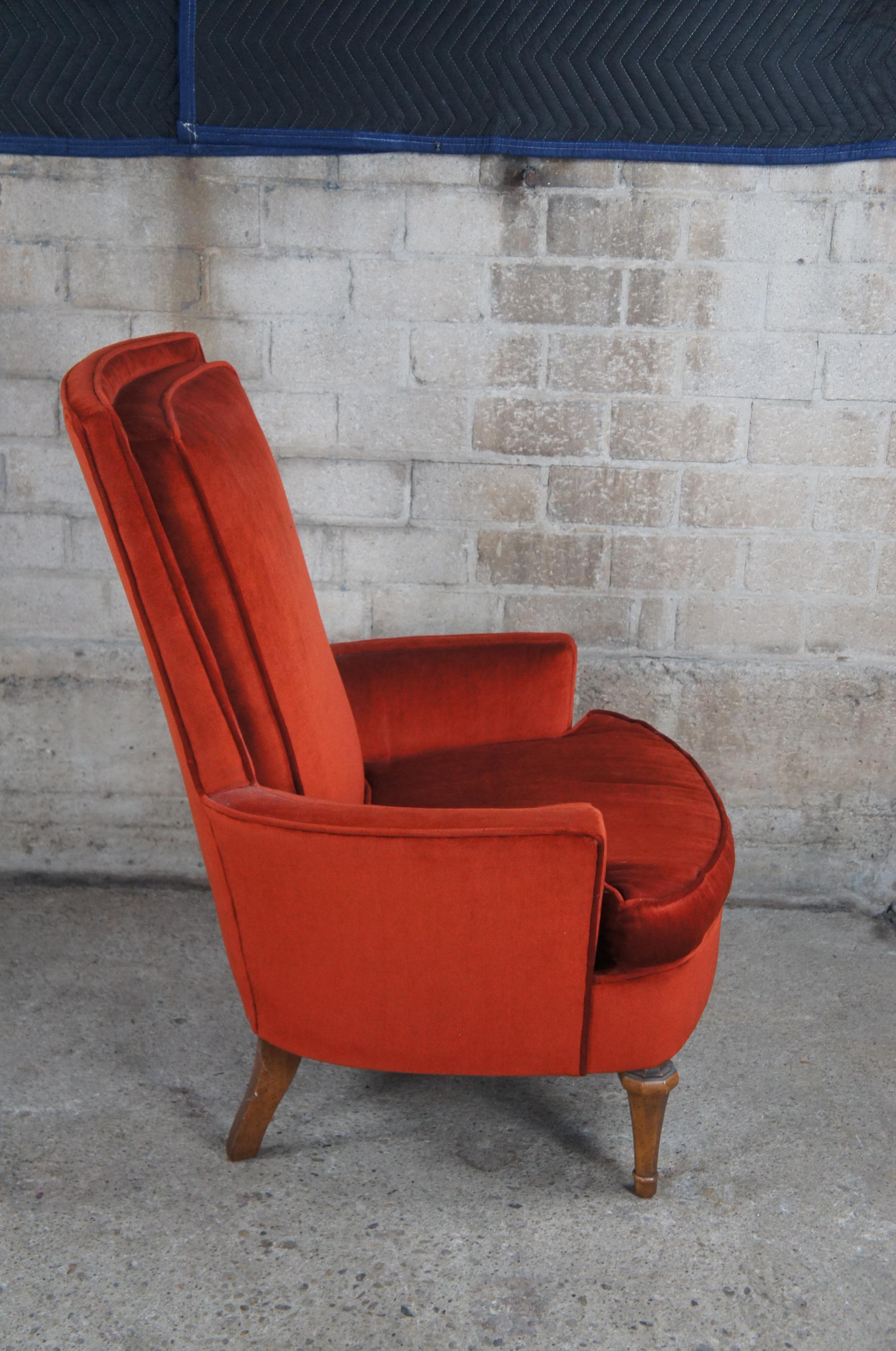 Mid Century Red Velvet & Walnut Highback Library Club Lounge Arm Chair In Good Condition For Sale In Dayton, OH