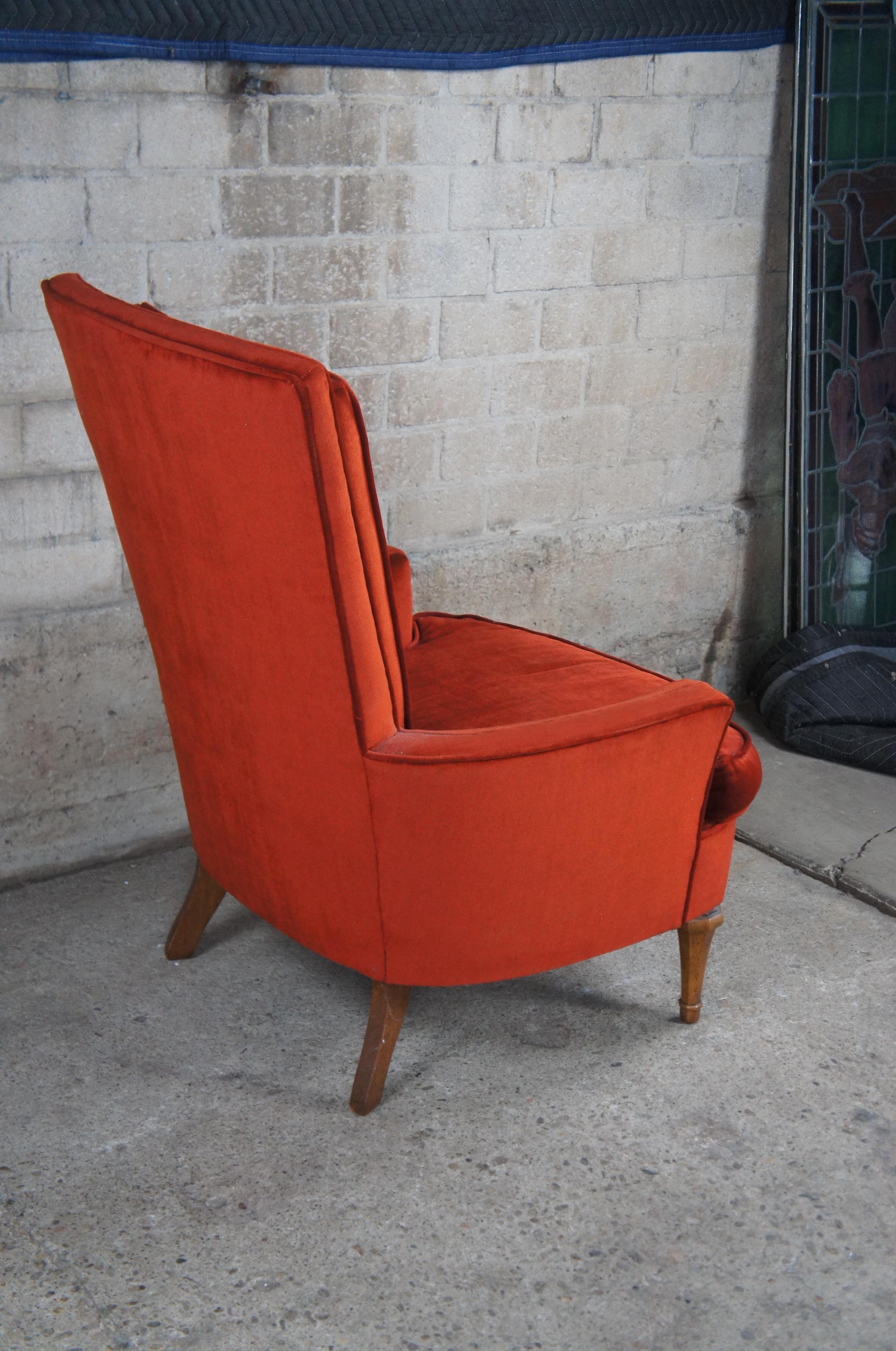 20th Century Mid Century Red Velvet & Walnut Highback Library Club Lounge Arm Chair For Sale