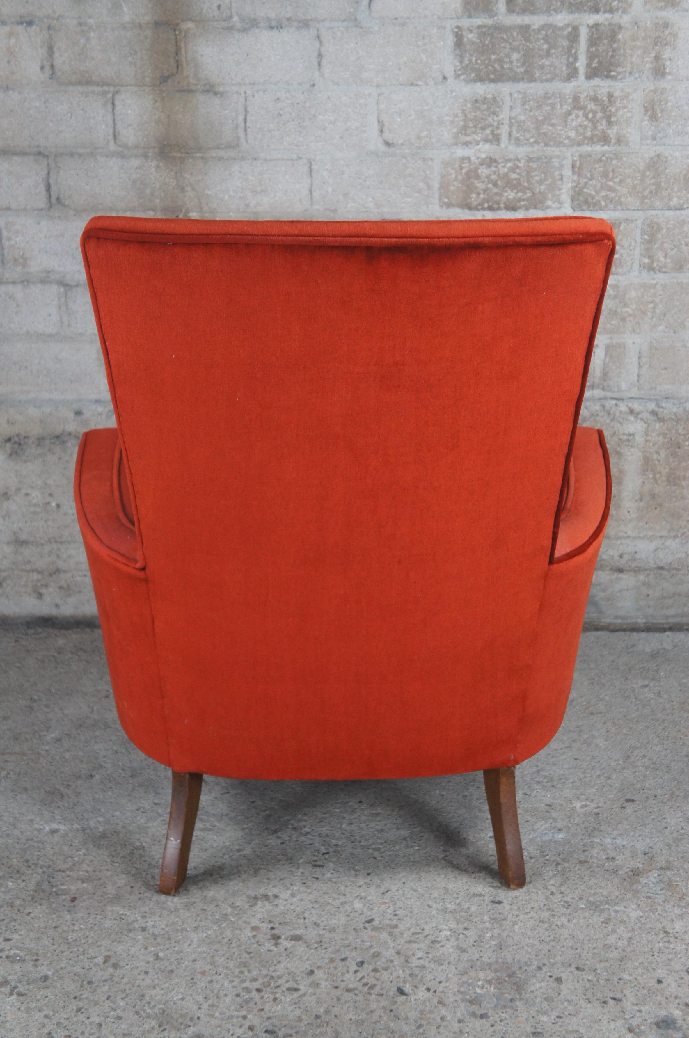 Mid Century Red Velvet & Walnut Highback Library Club Lounge Arm Chair For Sale 1