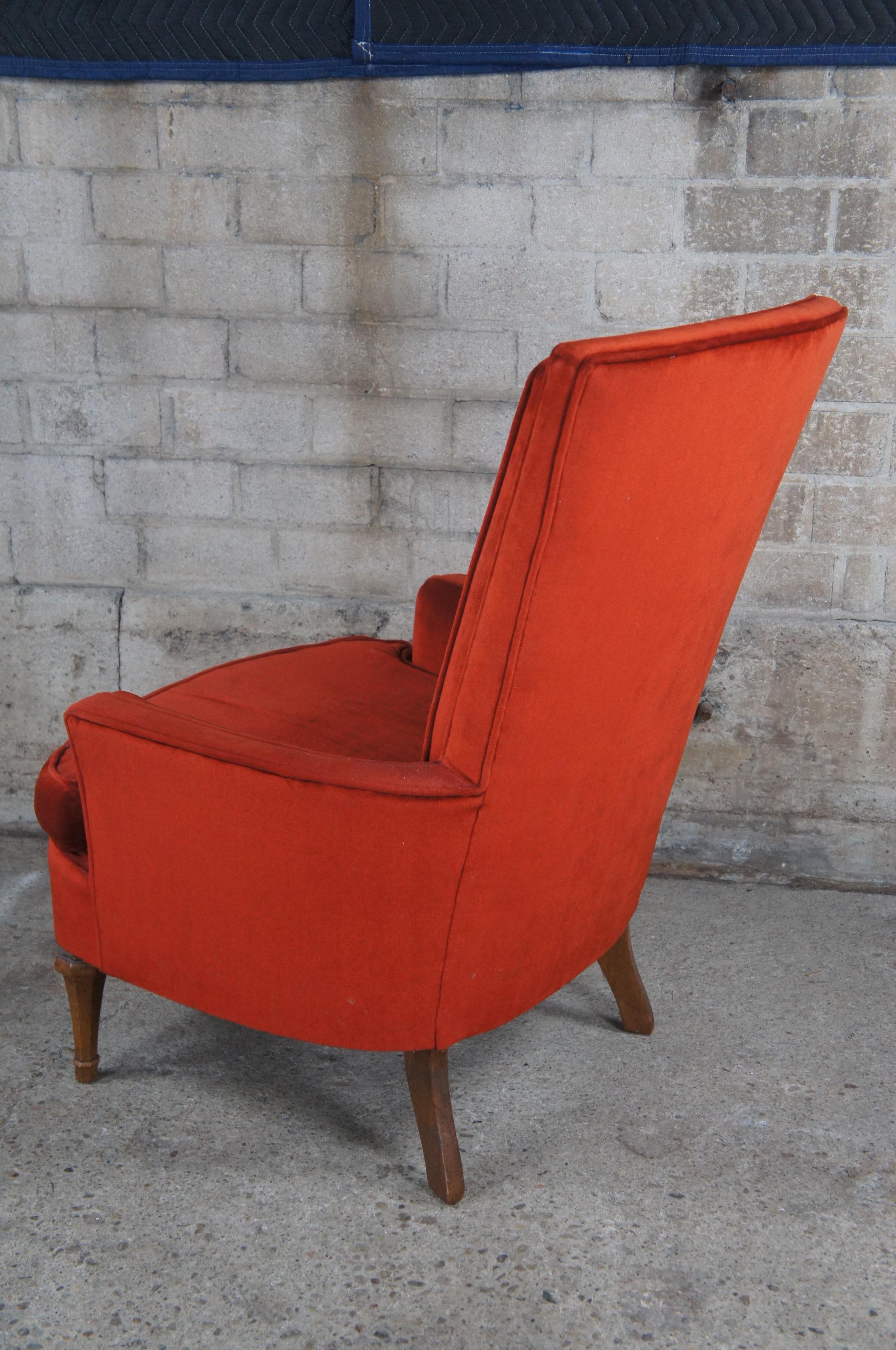 Mid Century Red Velvet & Walnut Highback Library Club Lounge Arm Chair For Sale 2