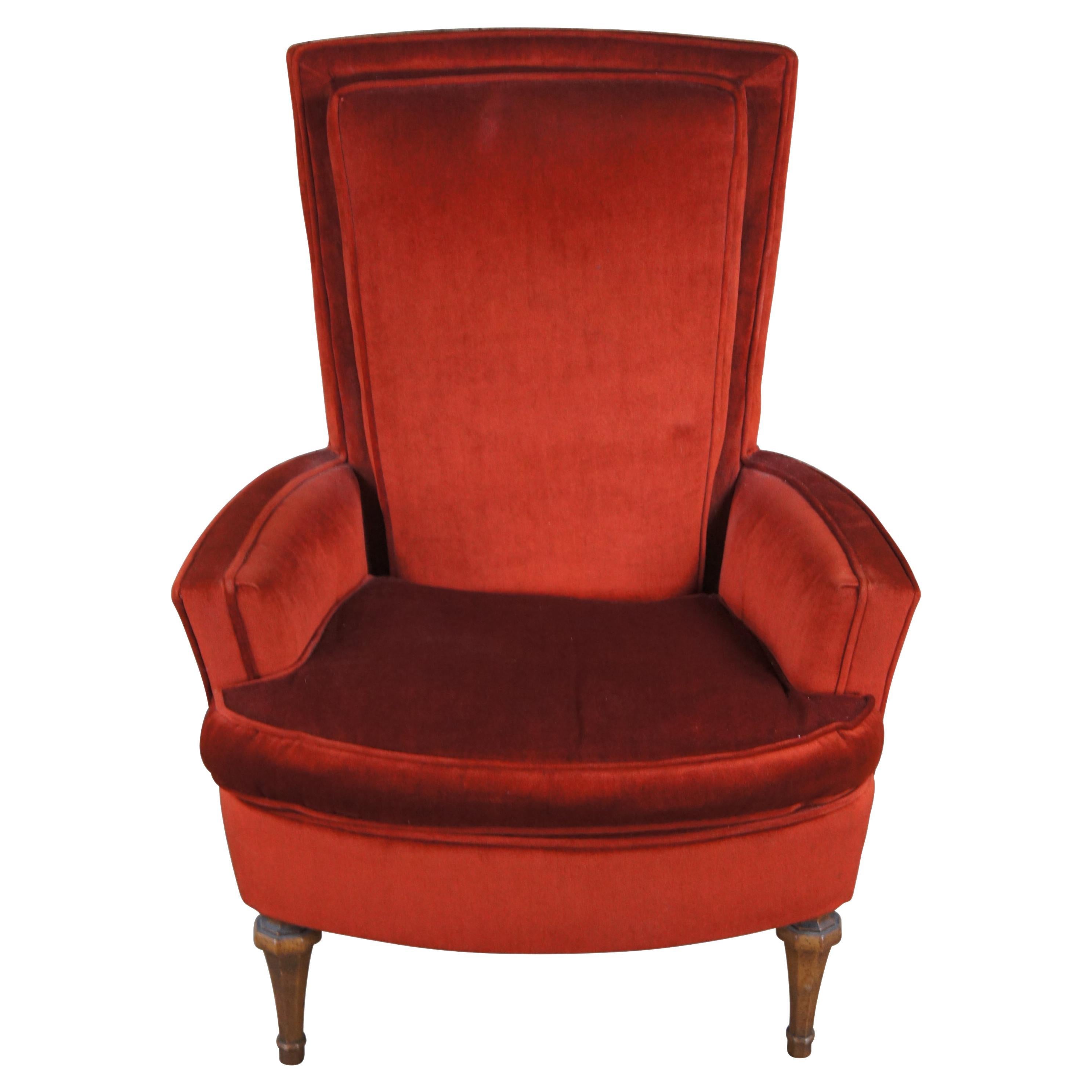 Mid Century Red Velvet & Walnut Highback Library Club Lounge Arm Chair