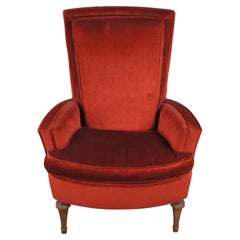 Mid Century Red Velvet & Walnut Highback Library Club Lounge Arm Chair