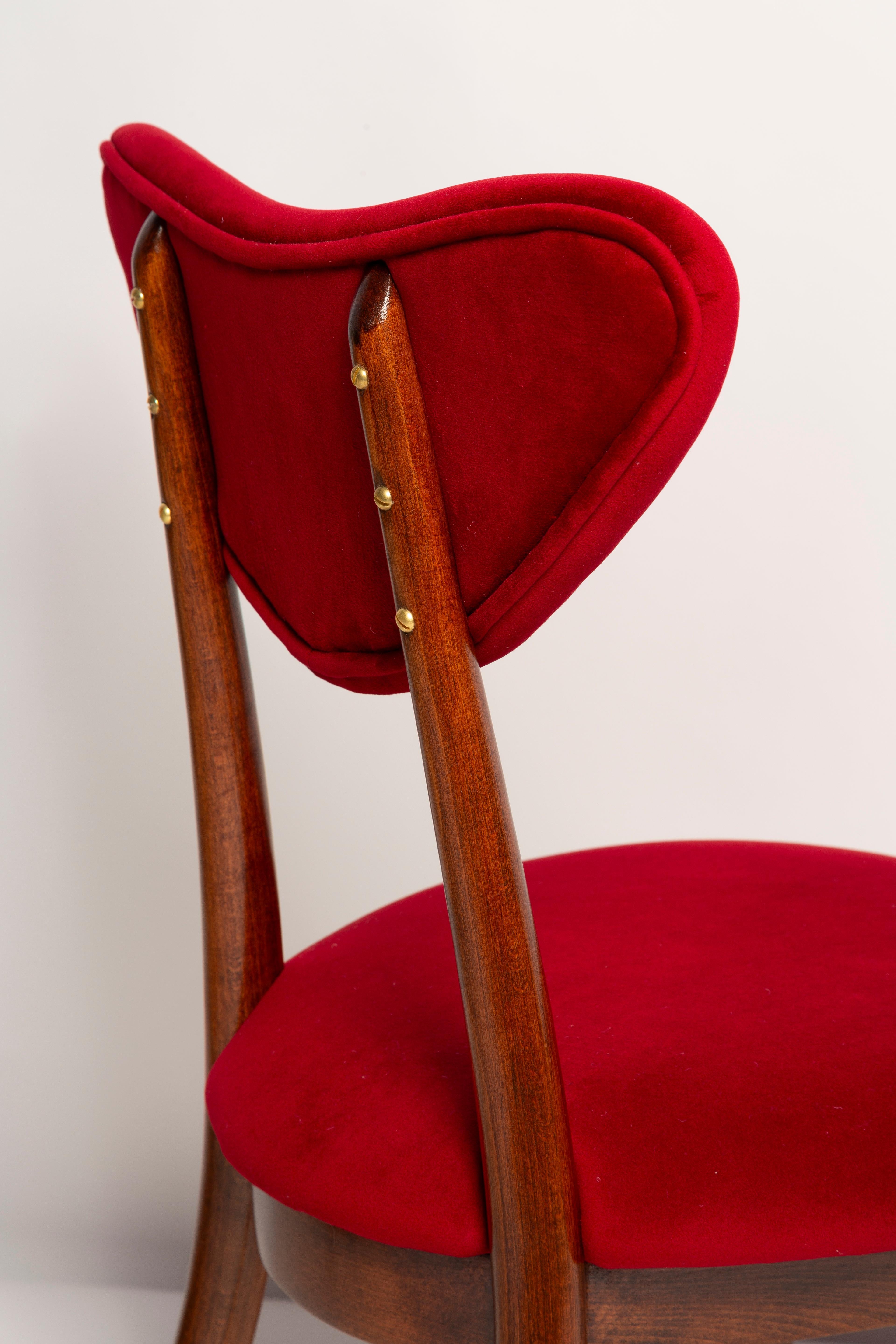 Mid Century Red Velvet, Walnut Wood, Heart Chair, Poland, 1960s For Sale 3