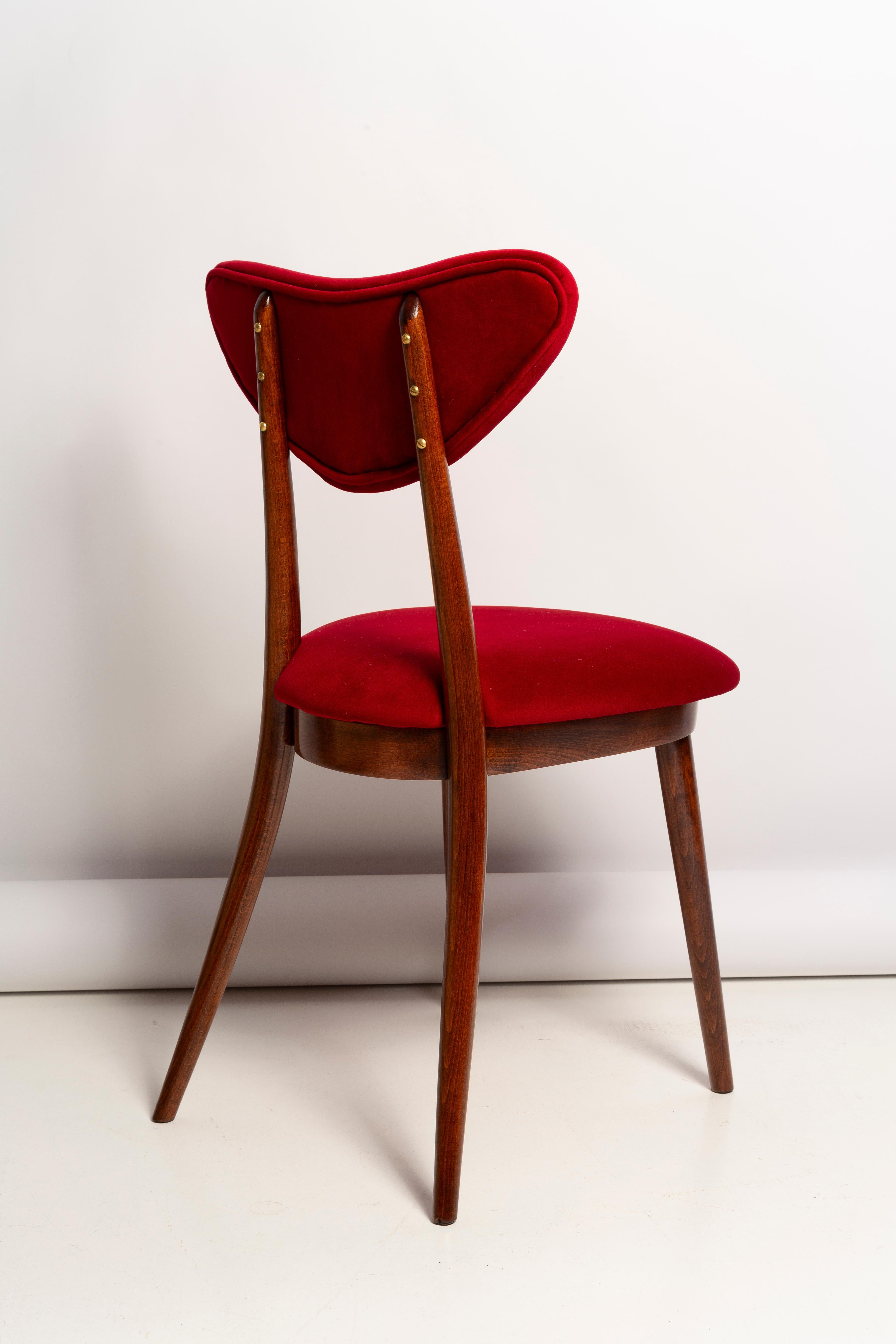 Mid Century Red Velvet, Walnut Wood, Heart Chair, Poland, 1960s For Sale 4