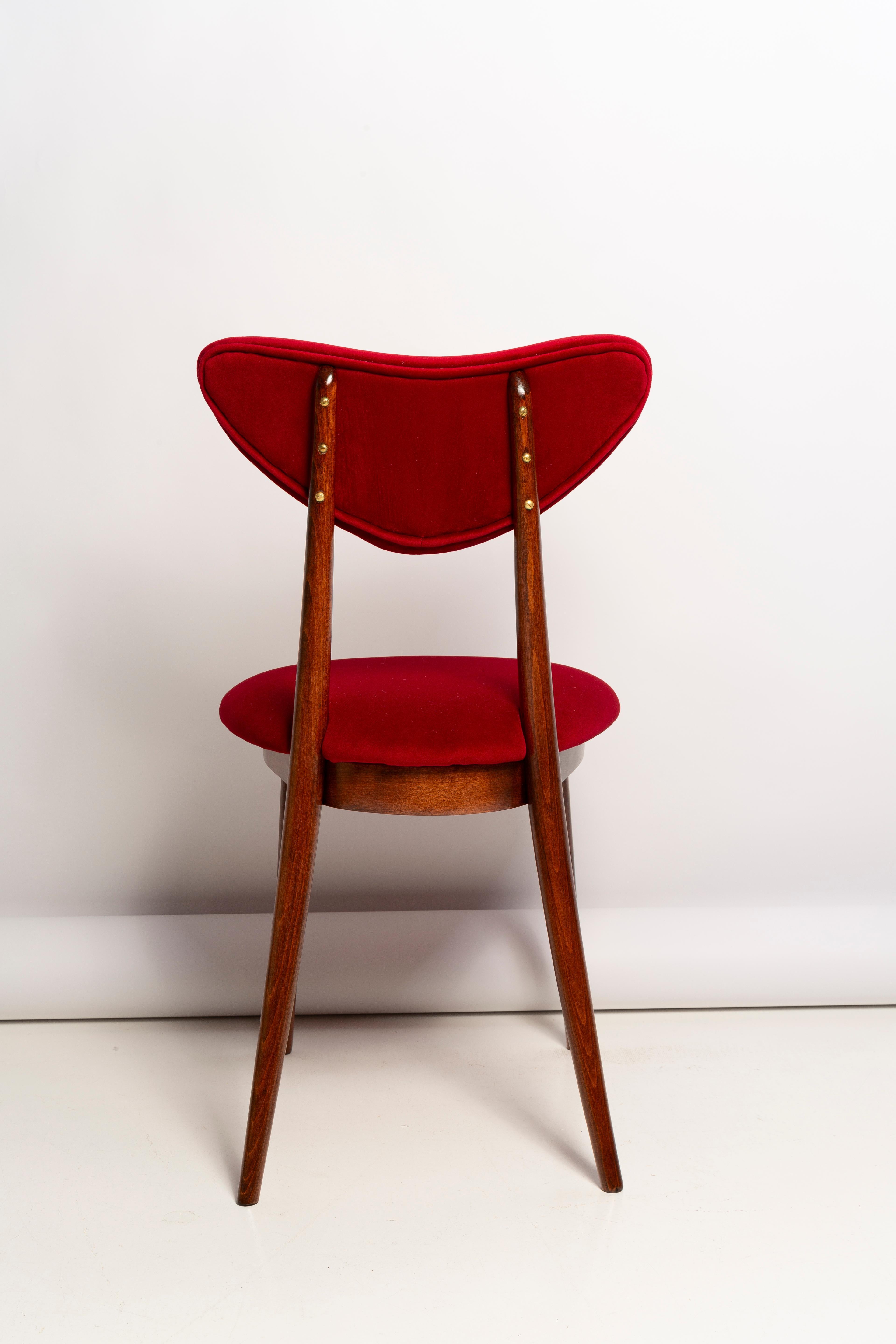 Mid Century Red Velvet, Walnut Wood, Heart Chair, Poland, 1960s For Sale 5