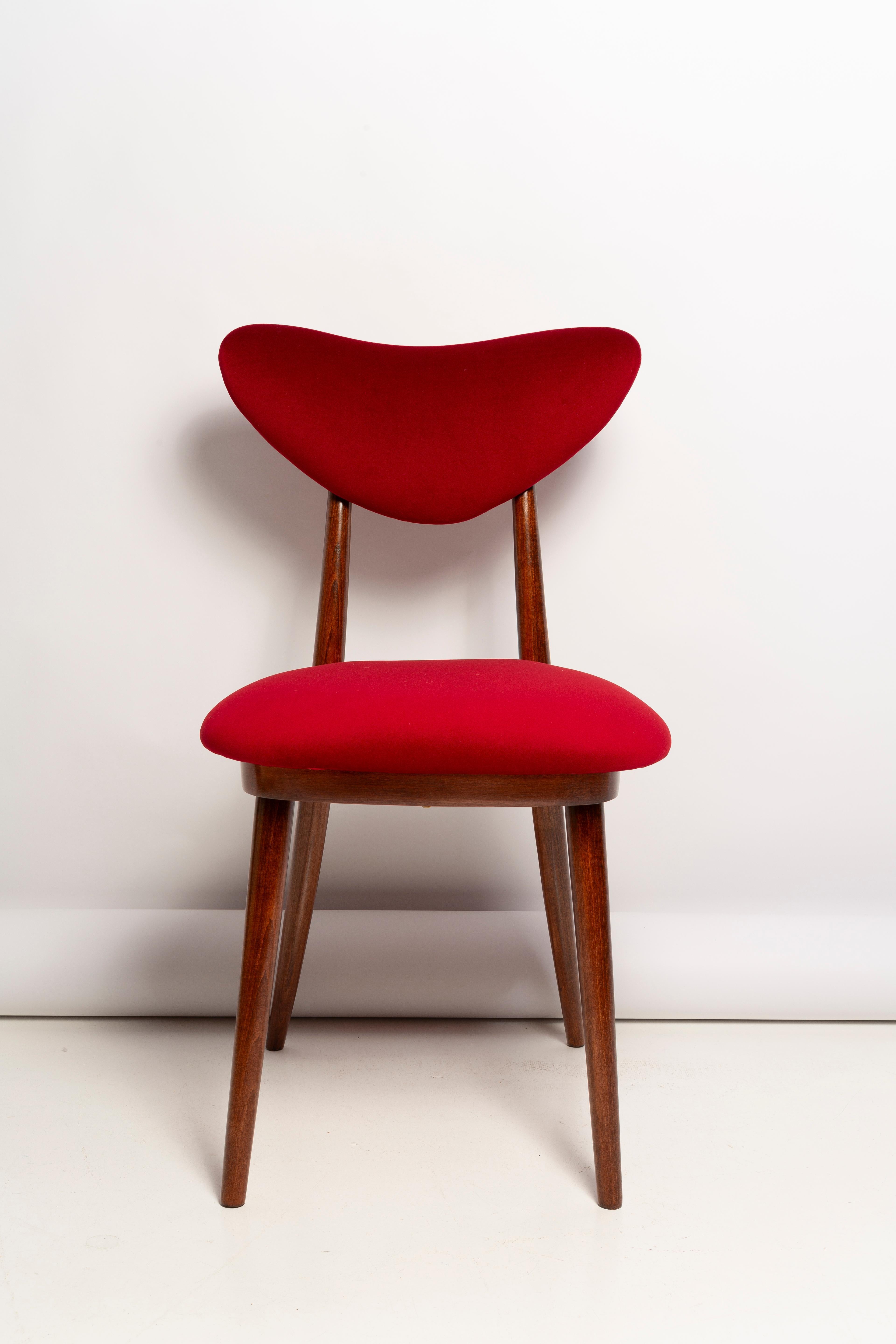 Mid Century Red Velvet, Walnut Wood, Heart Chair, Poland, 1960s For Sale 6