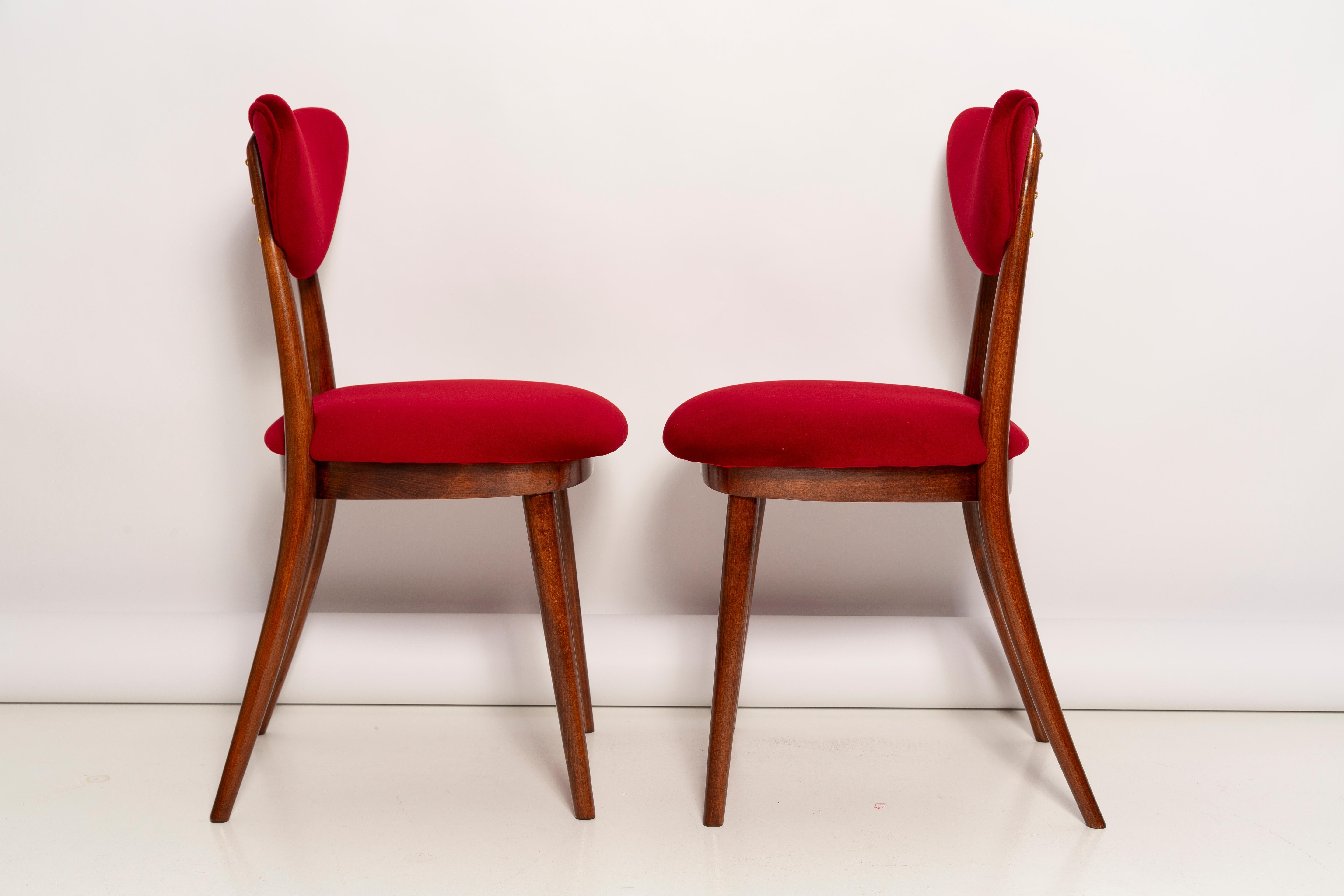 Mid Century Red Velvet, Walnut Wood, Heart Chair, Poland, 1960s For Sale 8